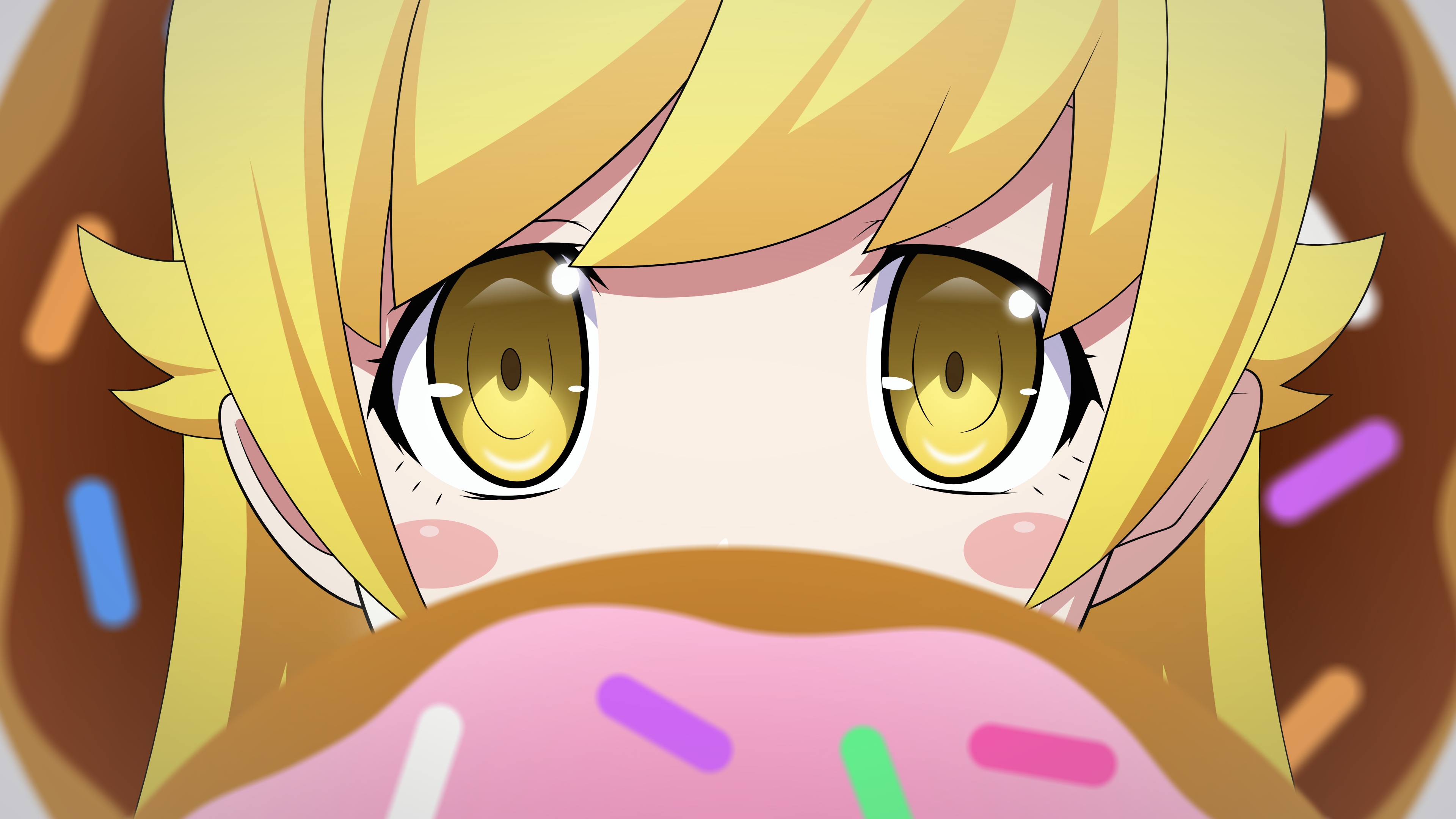 731001 Hintergrundbild herunterladen animes, monogatari (serie), bakemonogatari, blondinen, erröten, donut, shinobu oshino, gelbe augen - Bildschirmschoner und Bilder kostenlos