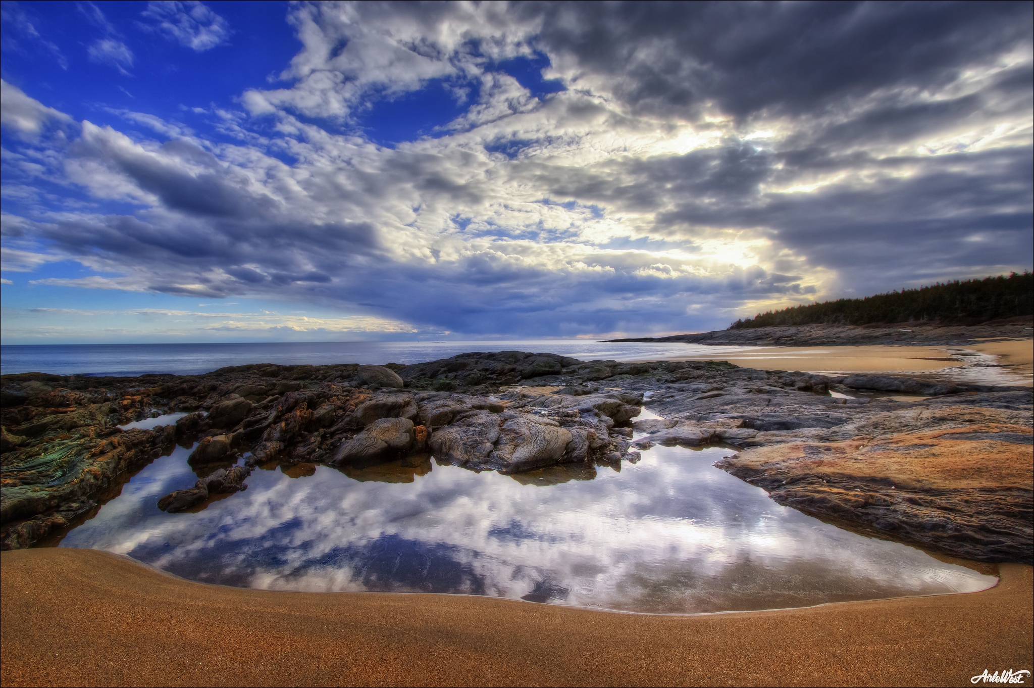 Free download wallpaper Shore, Bank, Forest, Clouds, Nature, Sea, Beach on your PC desktop
