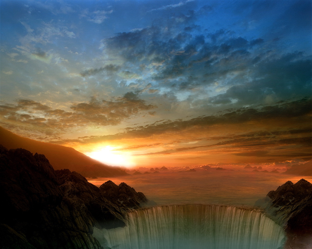 Download mobile wallpaper Clouds, Sky, Sun, Water, Sunset, Landscape, Waterfalls for free.