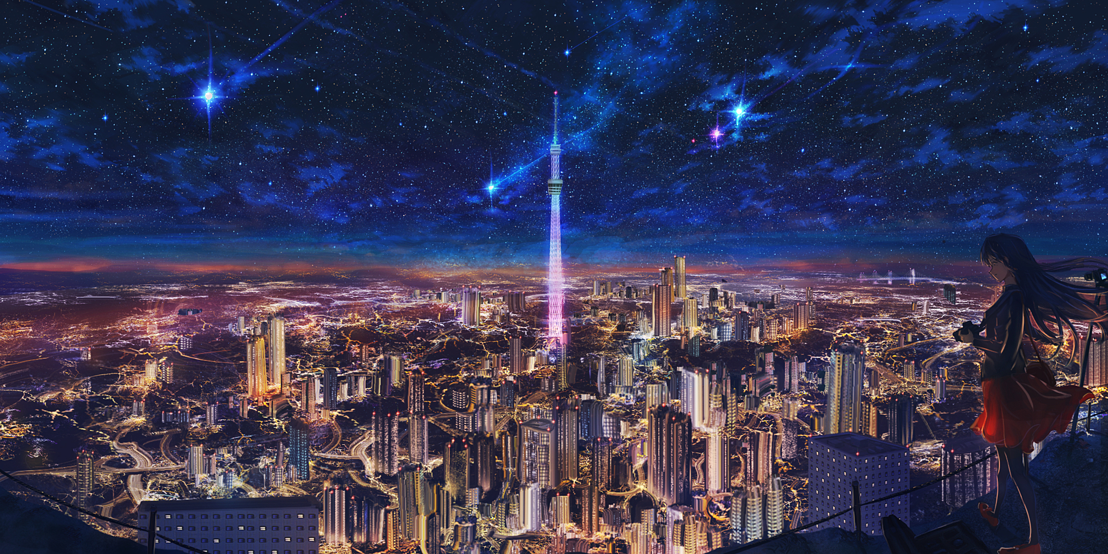 Скачать обои бесплатно Аниме, Город, Звездное Небо, Падающая Звезда картинка на рабочий стол ПК