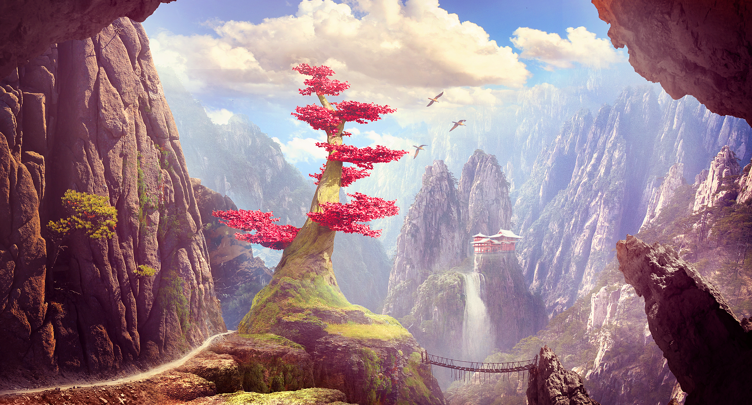 Download mobile wallpaper Landscape, Fantasy, Mountain, Waterfall, Tree for free.