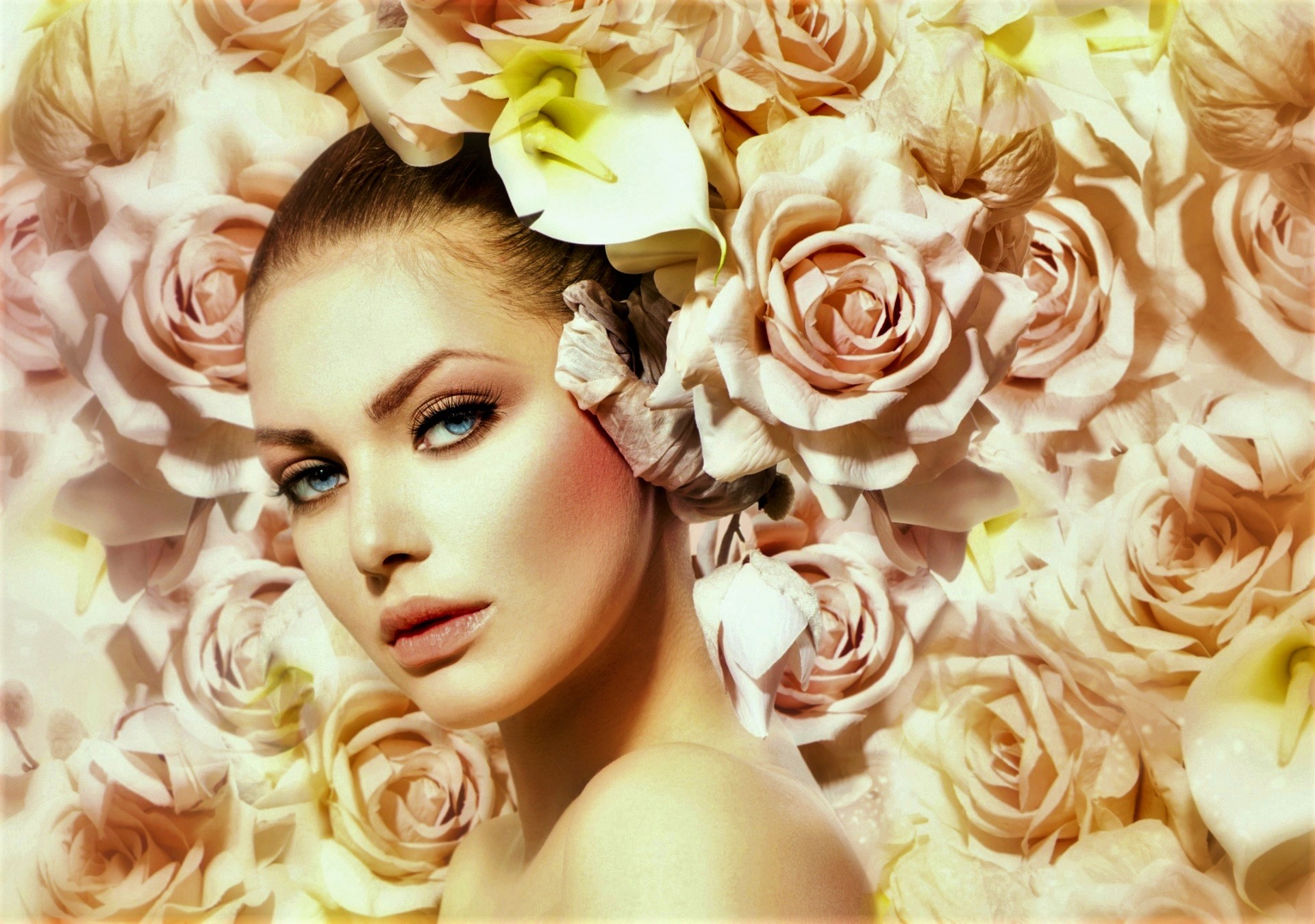 PCデスクトップに花, 薔薇, 頭, 顔, 青い目, 女性, 桃の花画像を無料でダウンロード