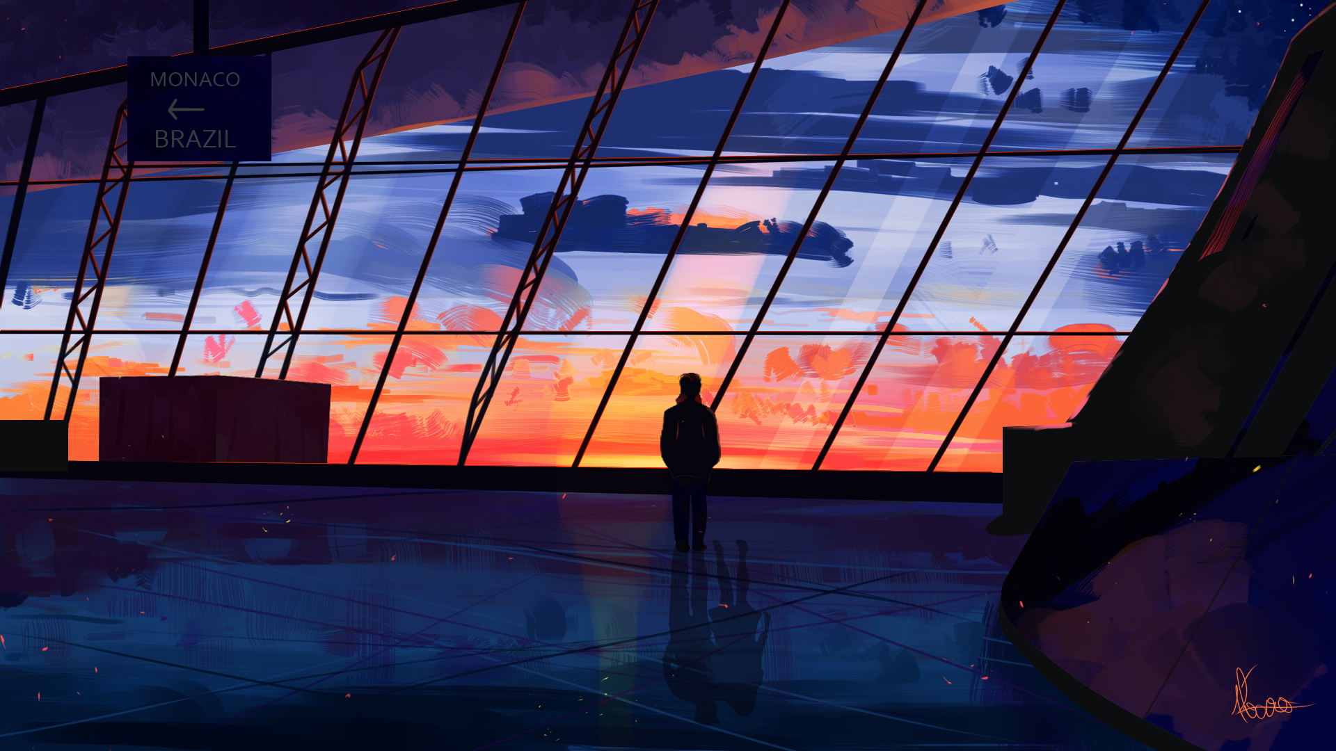 Laden Sie das Flughafen, Sonnenuntergang, Animes-Bild kostenlos auf Ihren PC-Desktop herunter