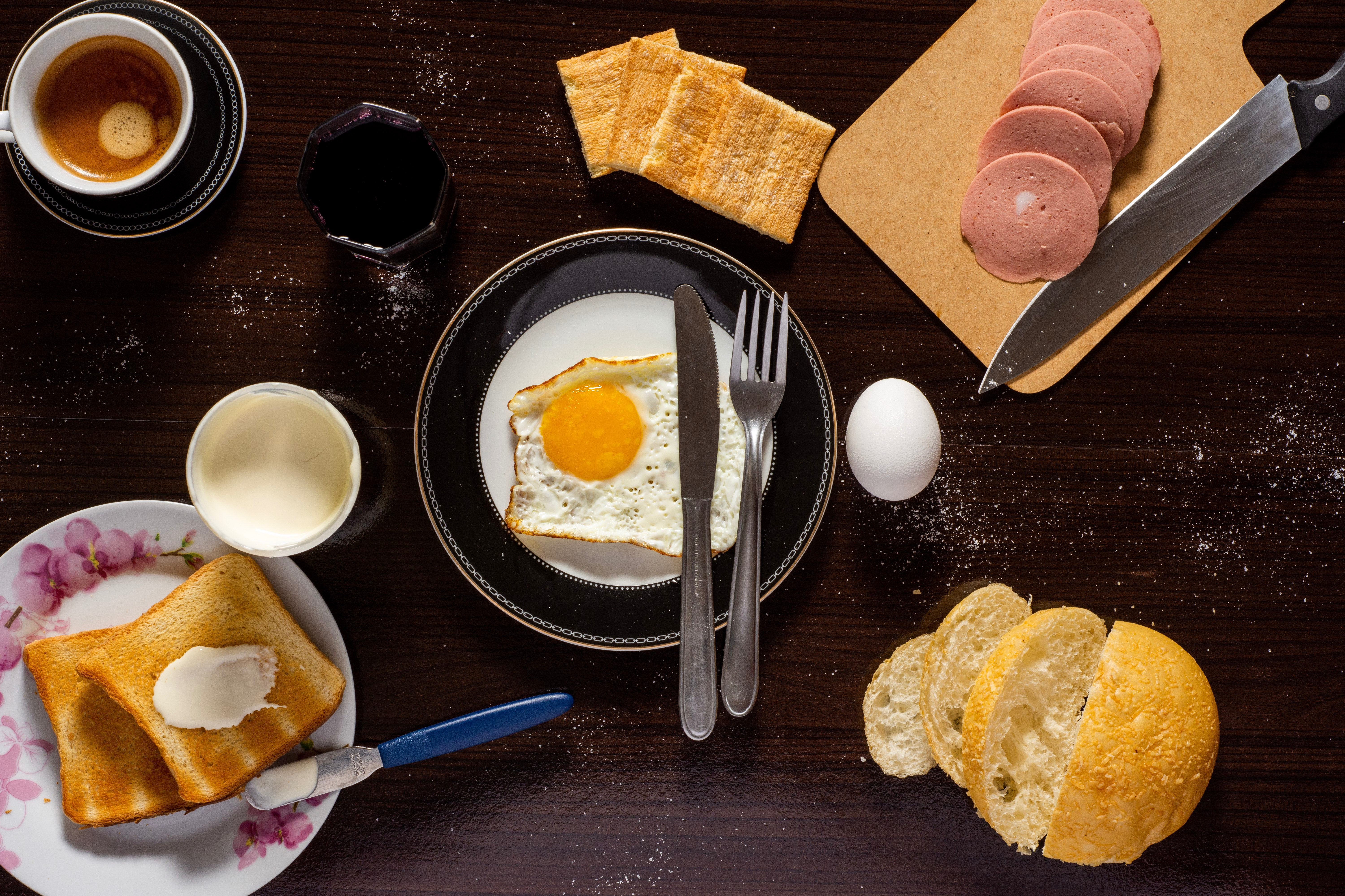 Download mobile wallpaper Food, Still Life, Cup, Egg, Toast, Breakfast, Knife for free.