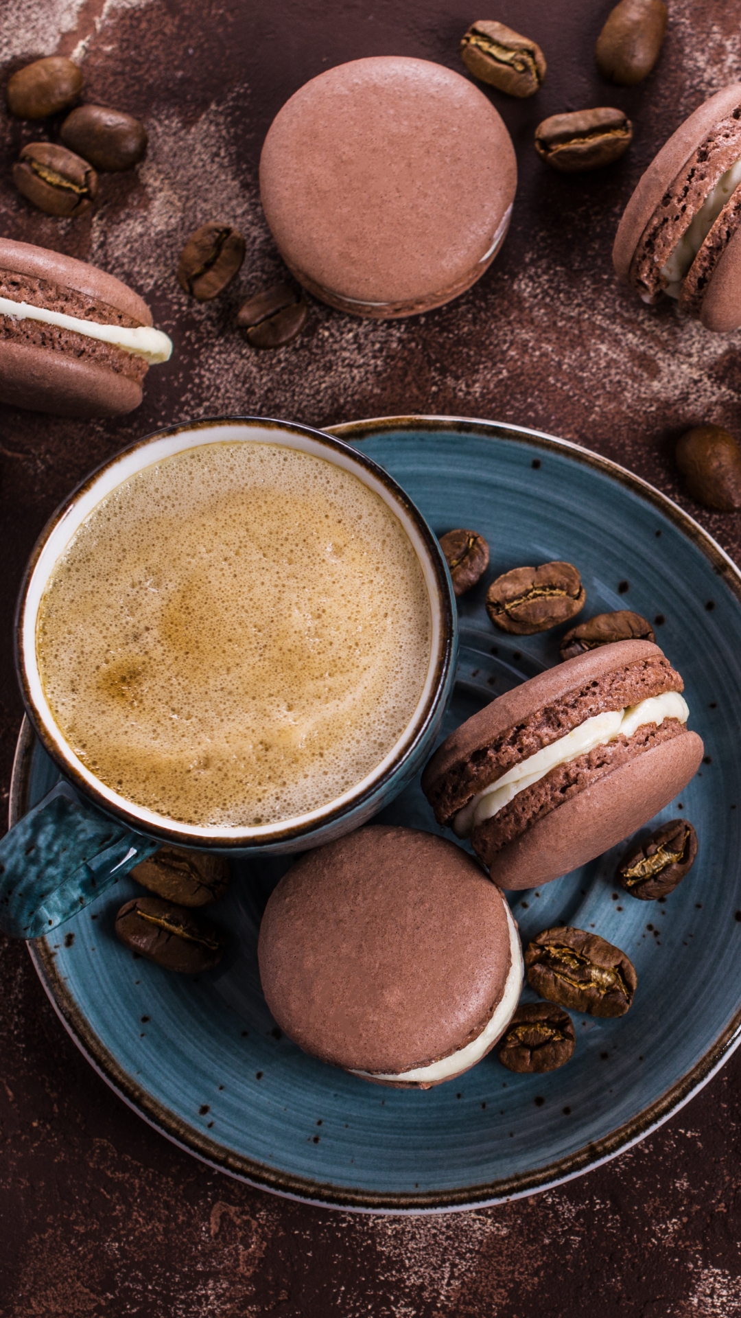 Download mobile wallpaper Food, Coffee, Still Life, Cup, Coffee Beans, Sweets, Macaron for free.