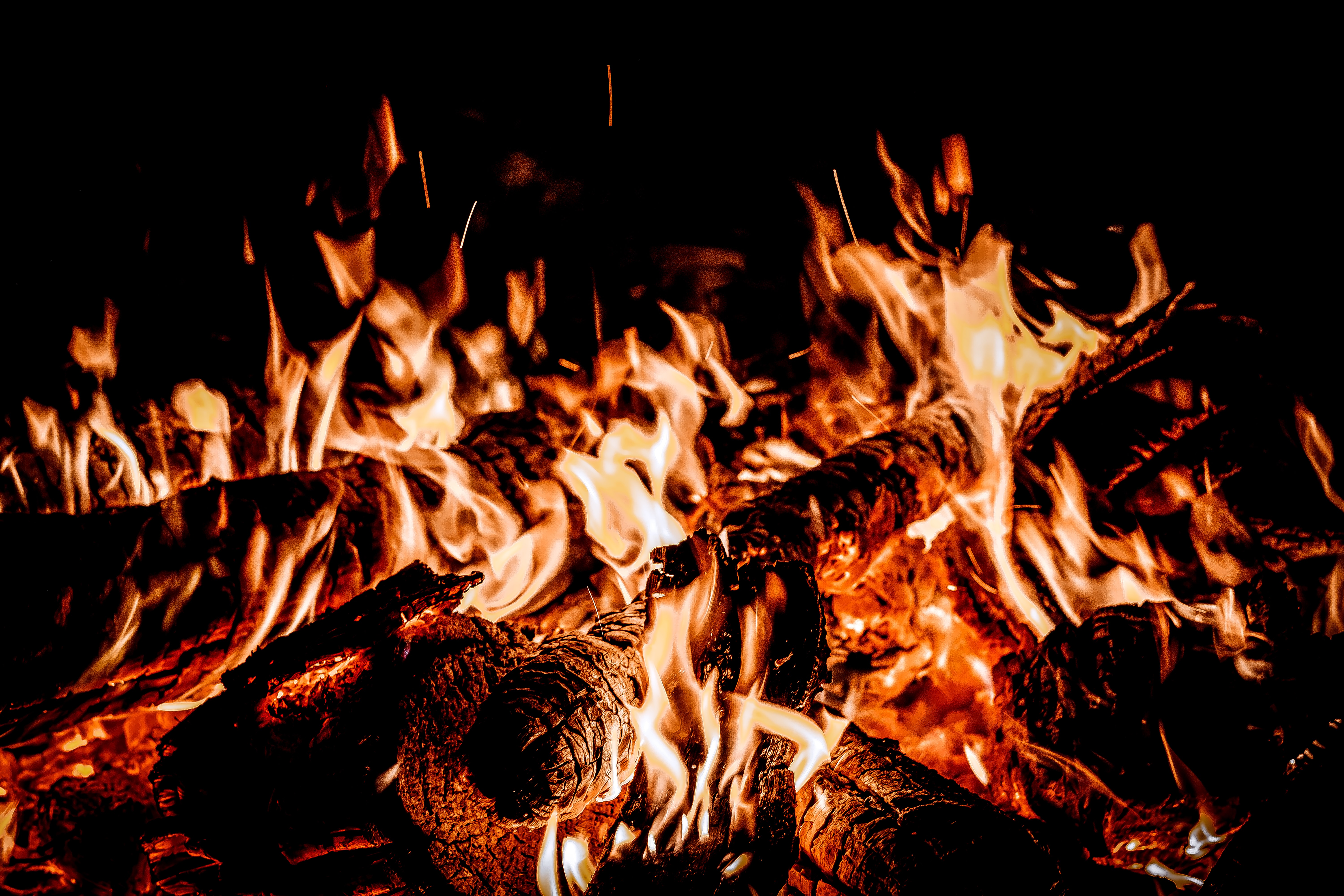 fire, bonfire, black, dark, flame, sparks