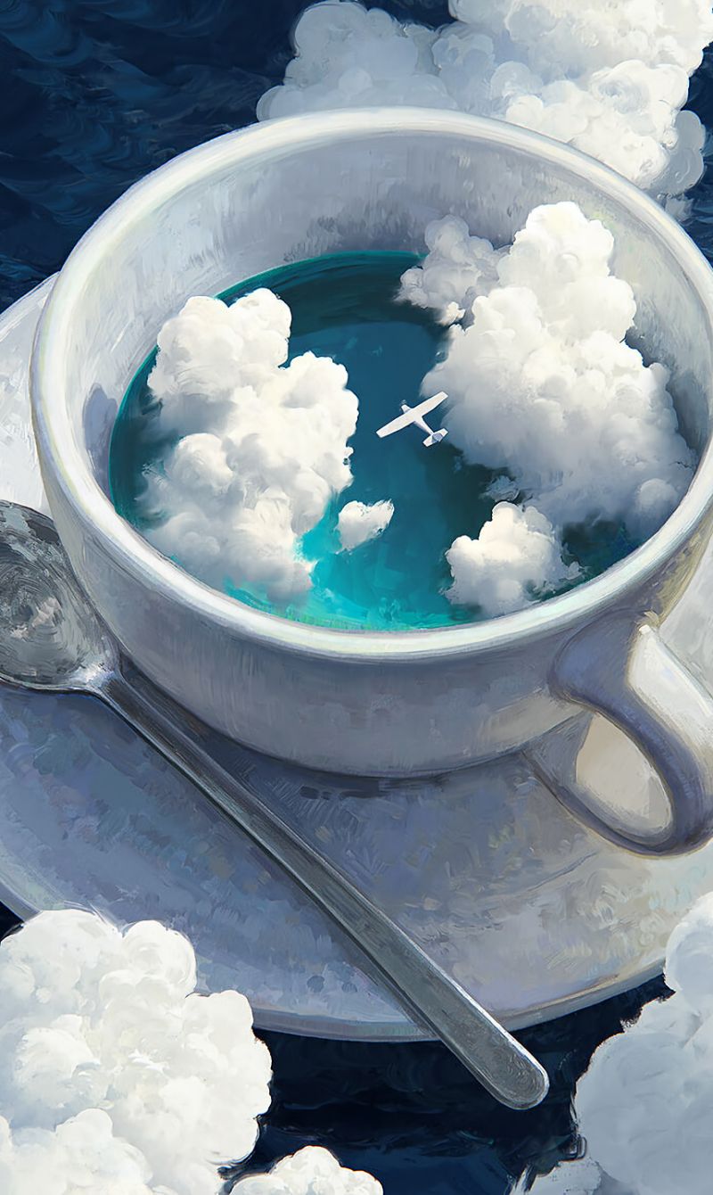 Download mobile wallpaper Ocean, Airplane, Artistic, Cloud, Tea Cup for free.