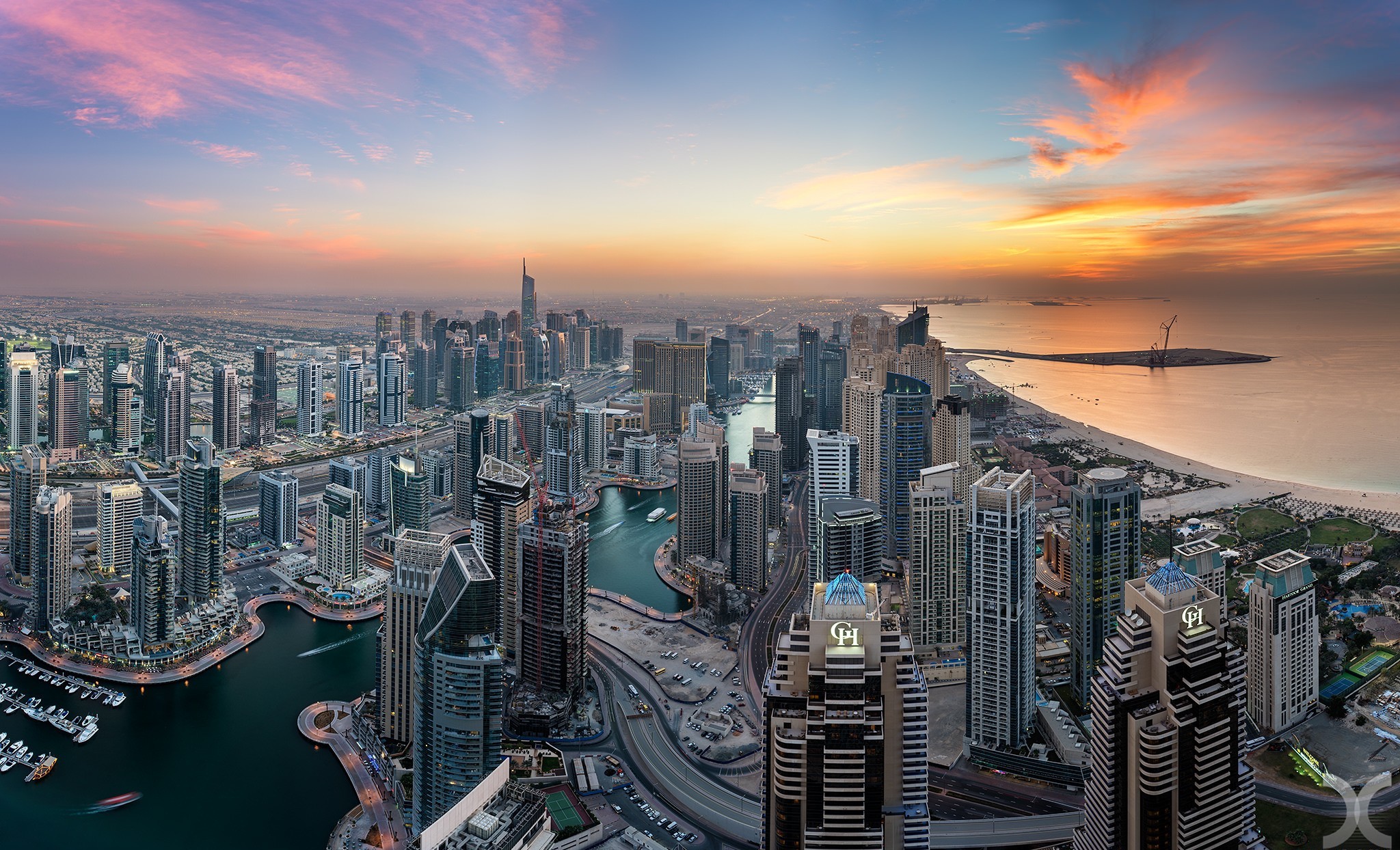 350295 Hintergrundbild herunterladen menschengemacht, dubai, dubai marina, wolkenkratzer, sonnenuntergang, vereinigte arabische emirate, städte - Bildschirmschoner und Bilder kostenlos