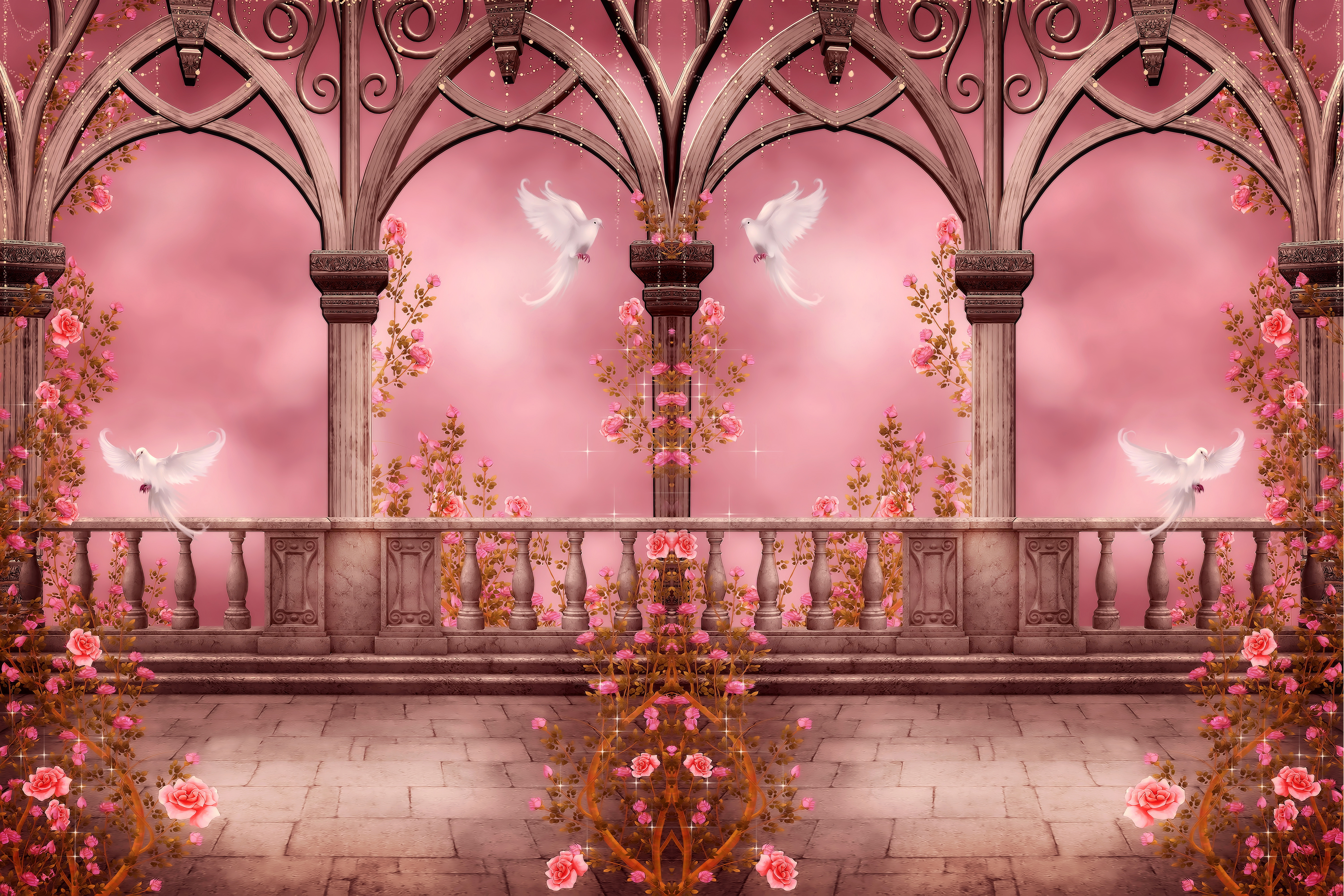1525306 descargar imagen artístico, rosa, arco natural, columnas, paloma, fantasía, gótico, rosa rosada: fondos de pantalla y protectores de pantalla gratis