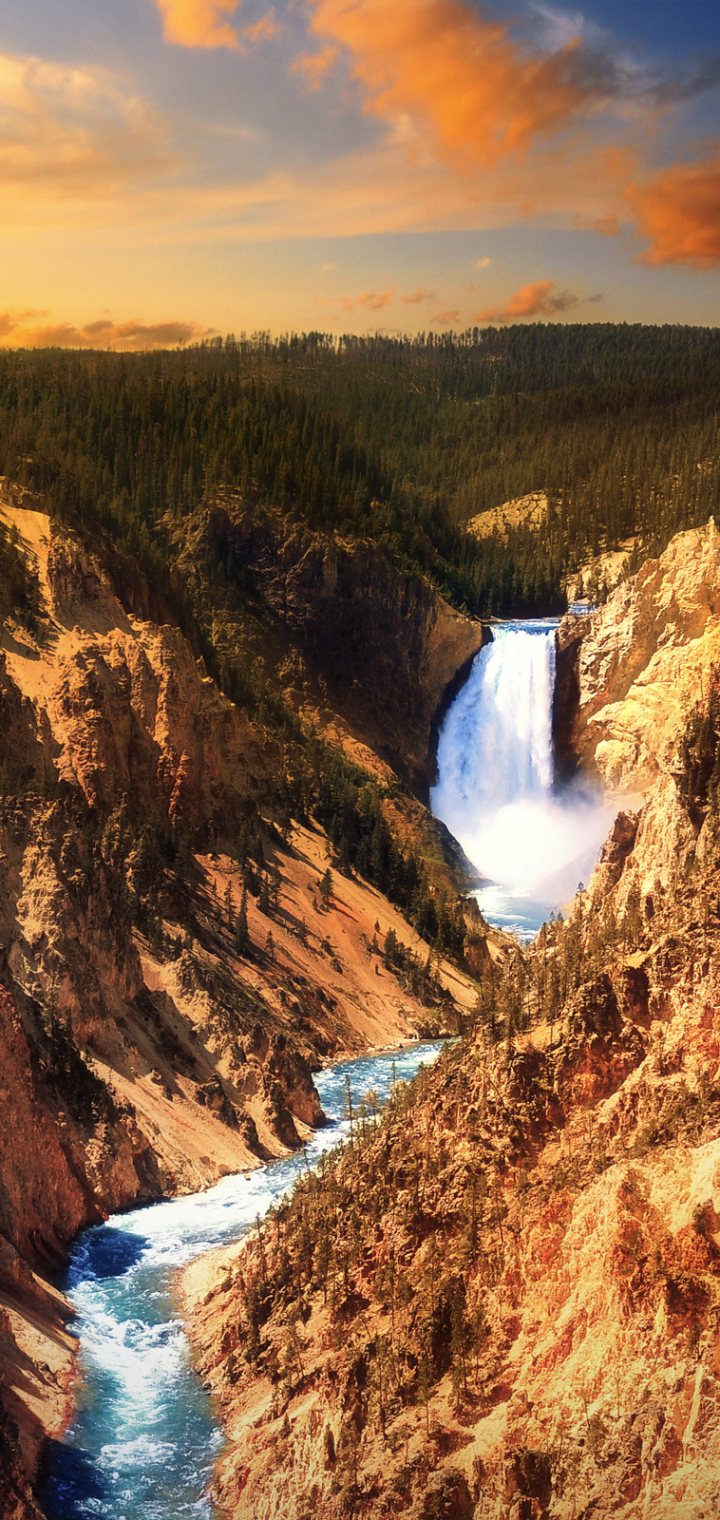 Handy-Wallpaper Natur, Wasser, Wasserfall, Nationalpark, Wolke, Yellowstone Nationalpark, Sonnenuntergang, Erde/natur, Gelbstein kostenlos herunterladen.