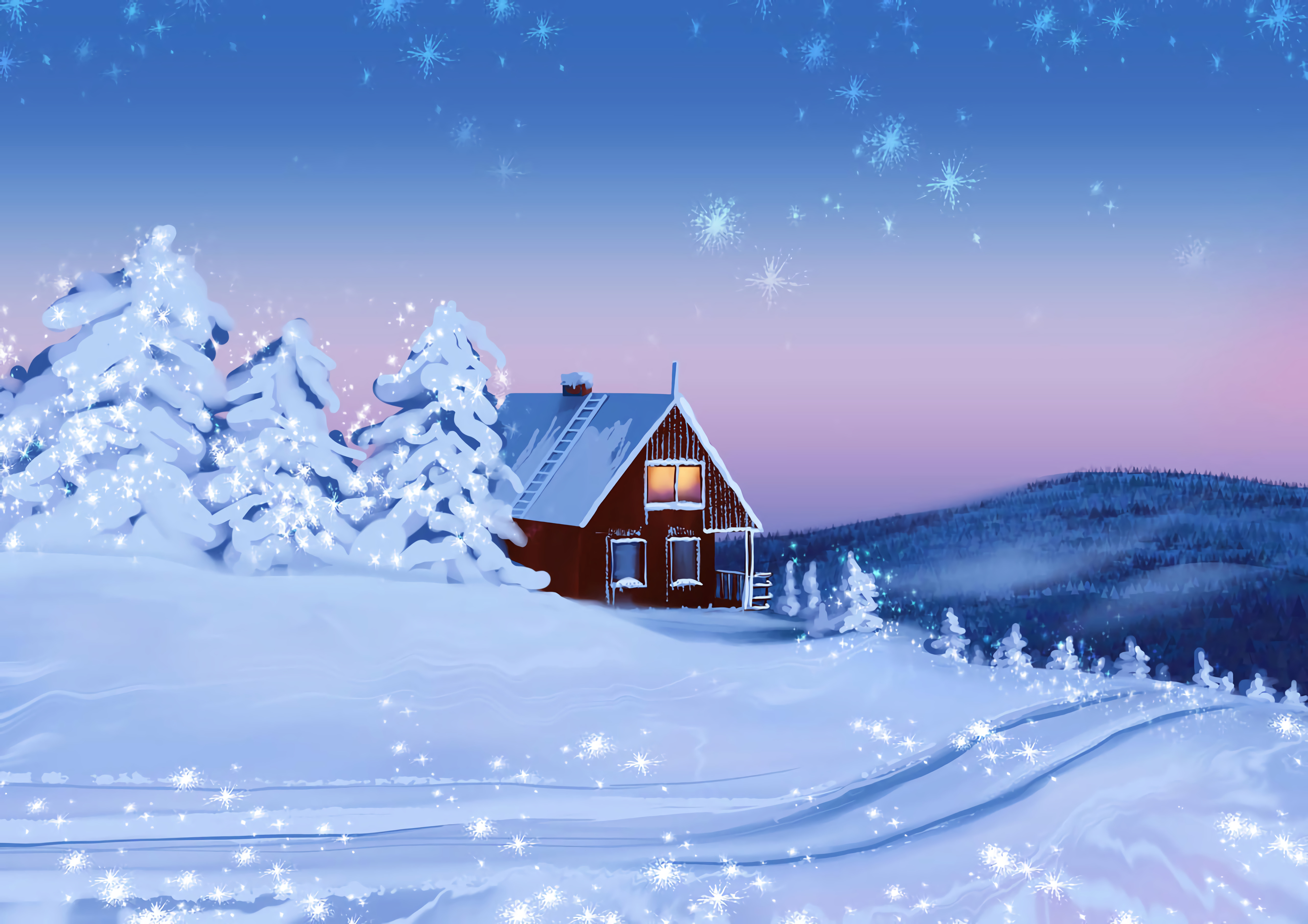 Скачать картинку Дом, Снег, Зима, Пейзаж, Арт в телефон бесплатно.