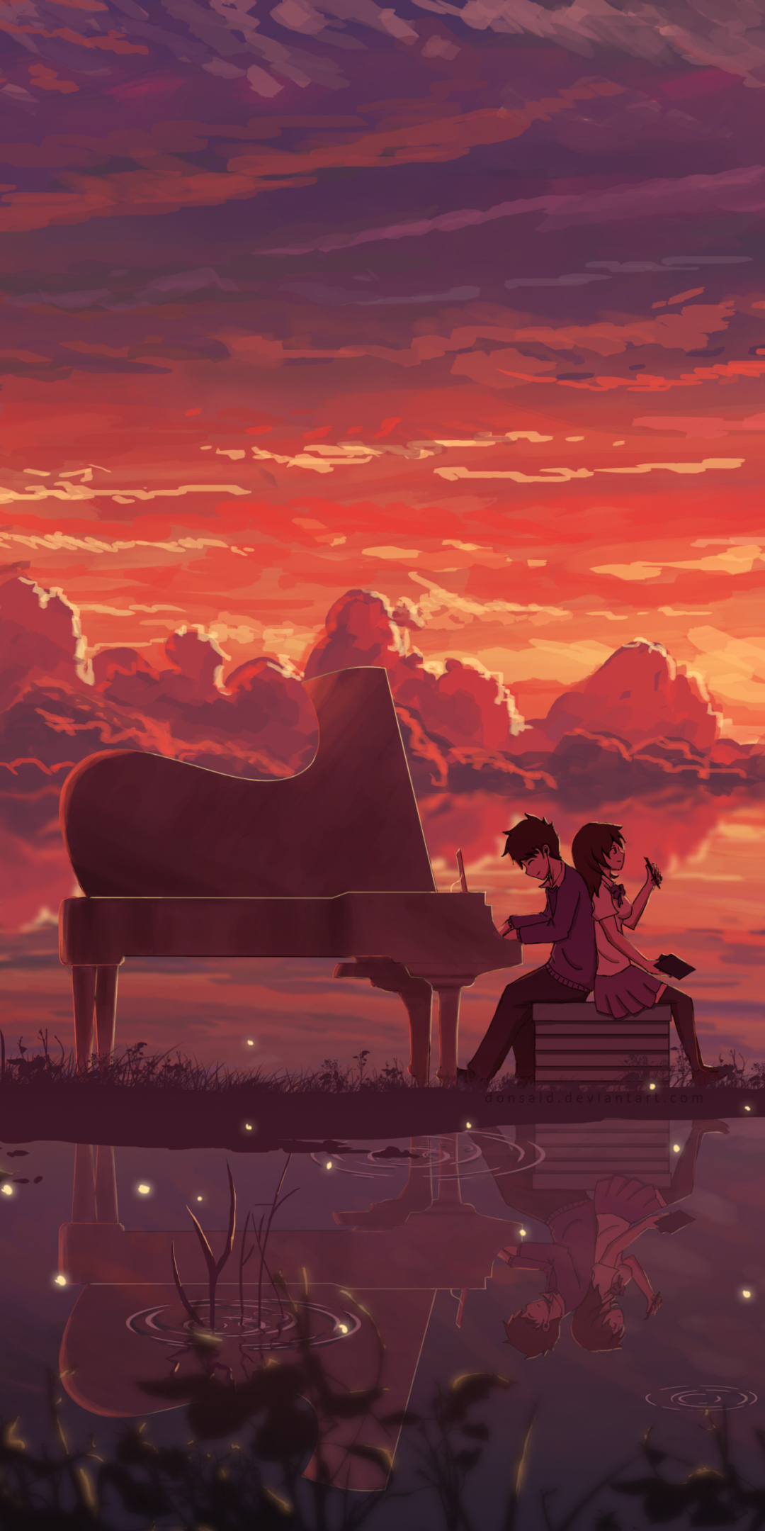 Download mobile wallpaper Anime, Sunset, Sky, Piano, Horizon, Reflection, Couple, Cloud for free.