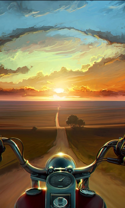 Handy-Wallpaper Landschaft, Straße, Motorrad, Fahrrad, Psychedelisch, Sonnenuntergang, Künstlerisch kostenlos herunterladen.