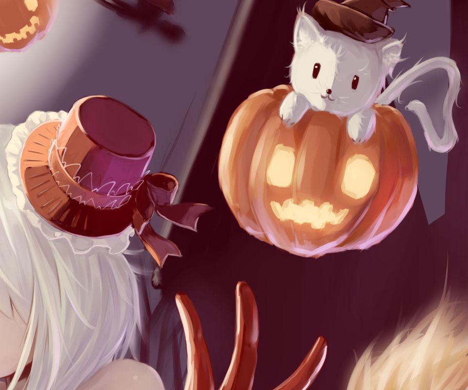 Free download wallpaper Anime, Halloween, Pumpkin, Cat, Witch, White Hair on your PC desktop