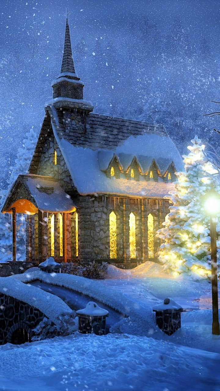 Download mobile wallpaper Winter, Night, Snow, Snowman, Bridge, Painting, Artistic, Church, Snowfall for free.