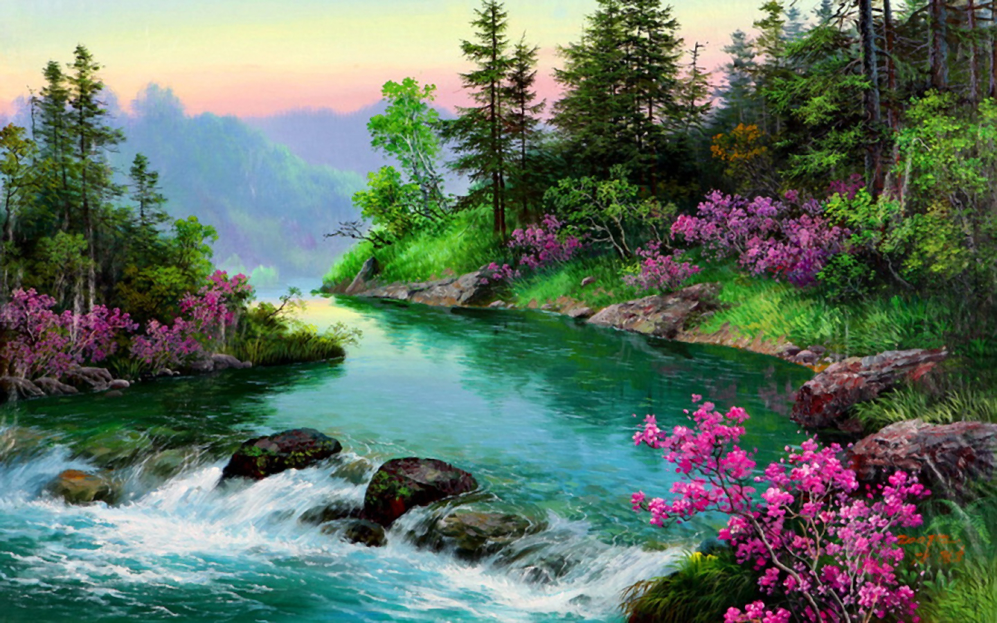 Free download wallpaper Flower, Spring, Artistic, River on your PC desktop