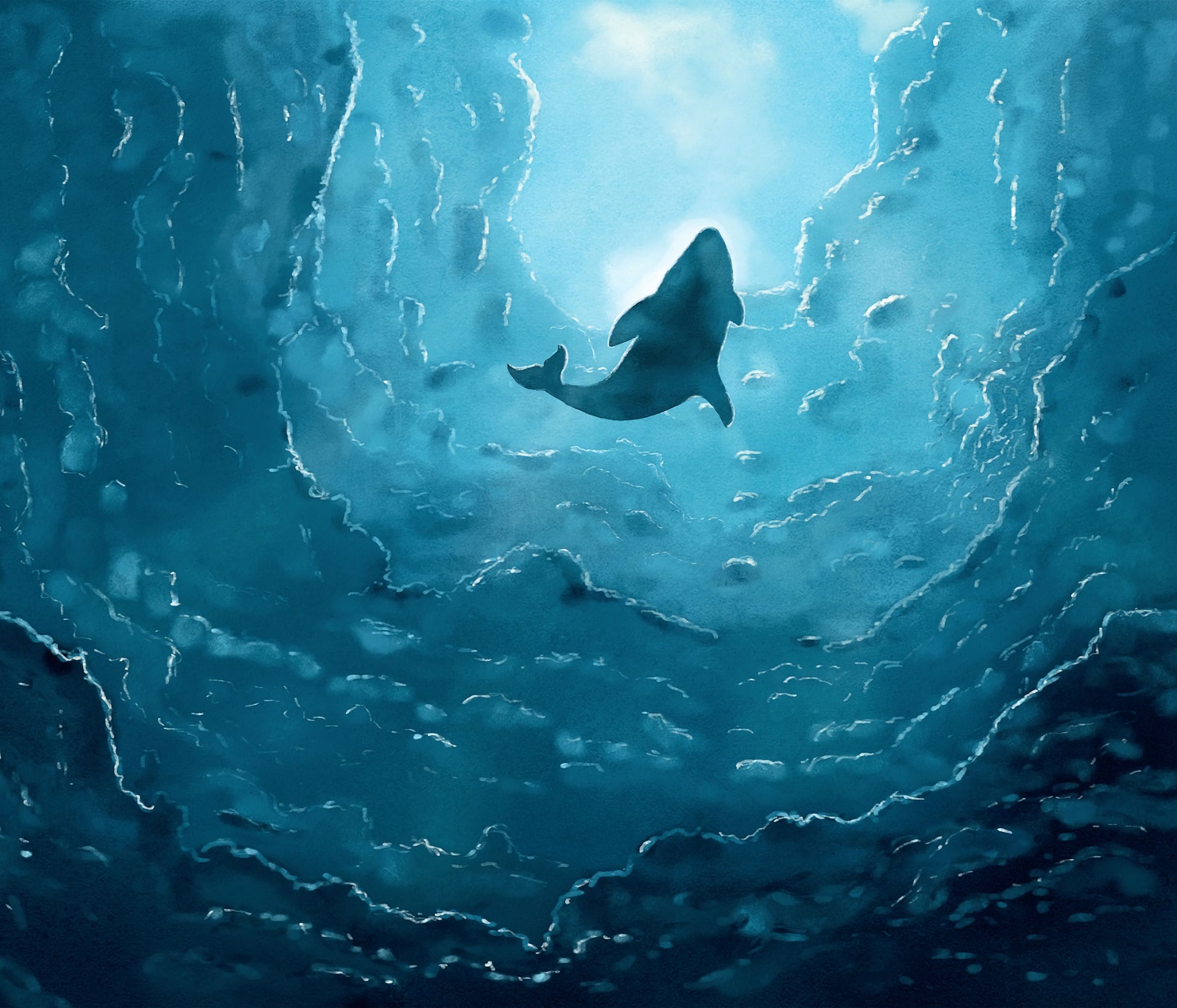 whale, art, waves, blue