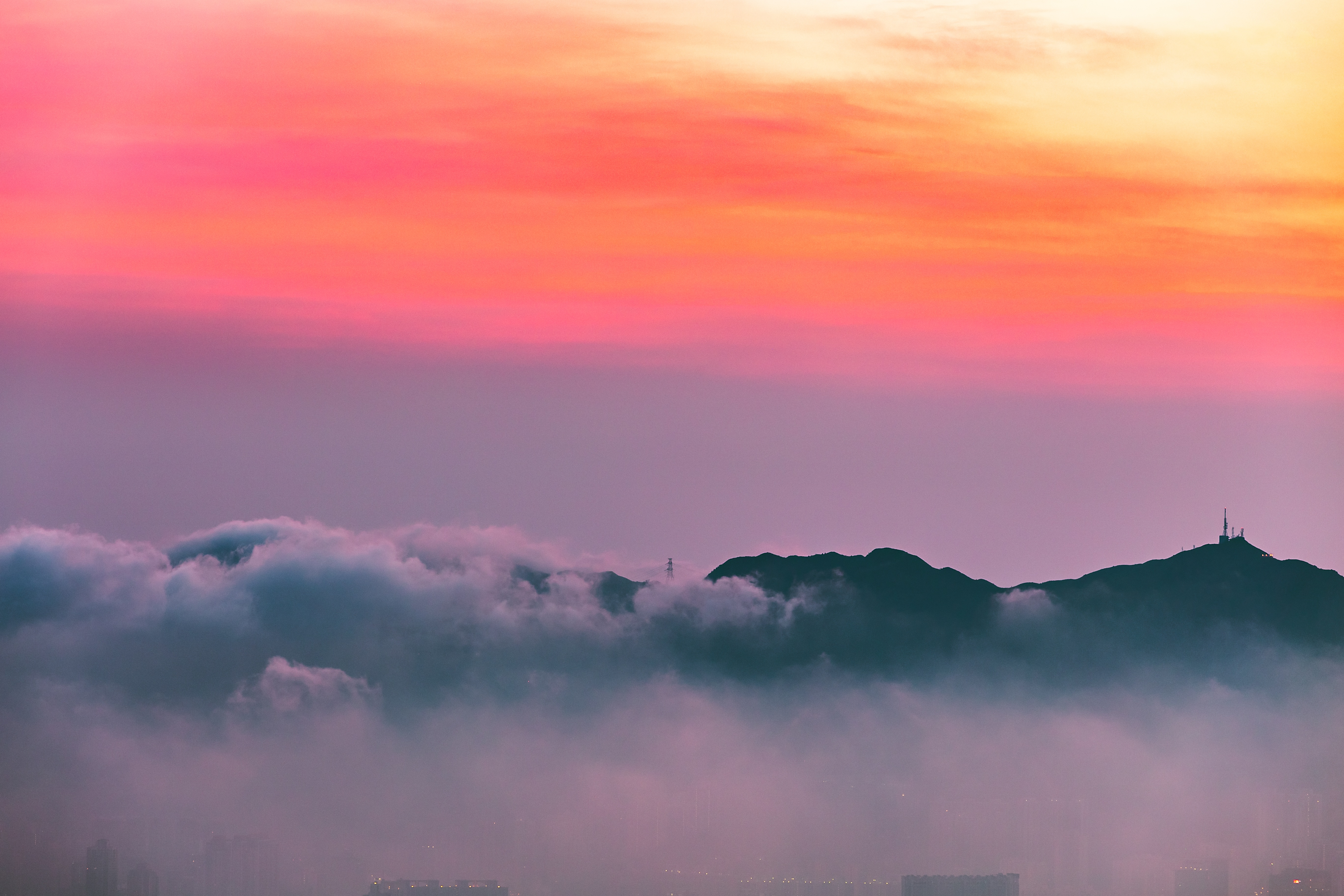 nature, sunrise, clouds, dawn, city, mountain, fog, rise phone wallpaper
