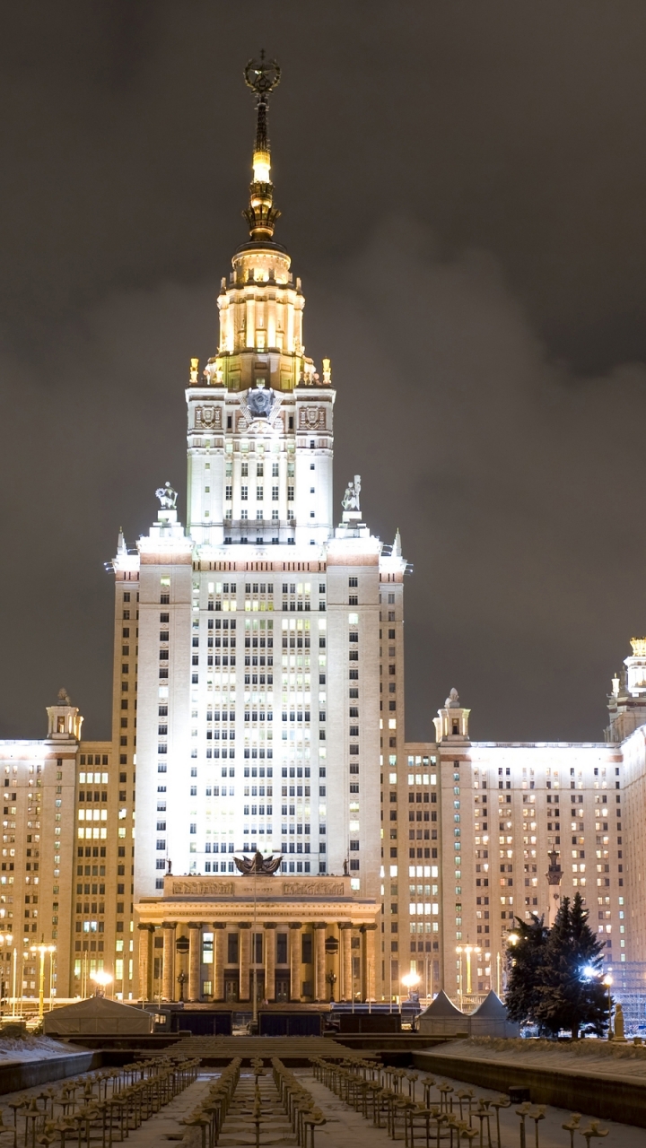 Handy-Wallpaper Städte, Moskau, Gebäude, Licht, Nacht, Universität, Menschengemacht kostenlos herunterladen.
