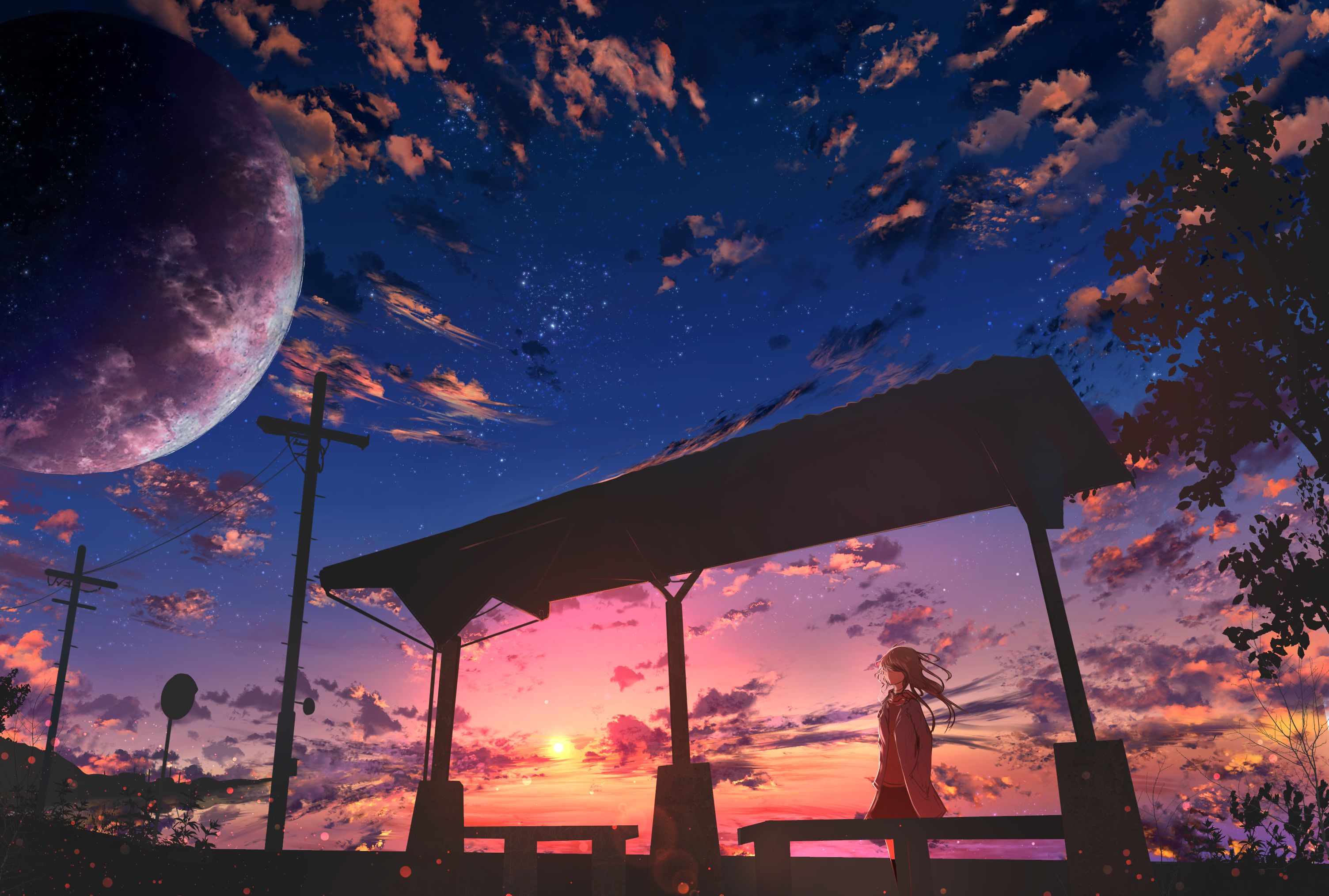 Laden Sie das Planet, Himmel, Sonnenuntergang, Animes, Sternenklarer Himmel-Bild kostenlos auf Ihren PC-Desktop herunter