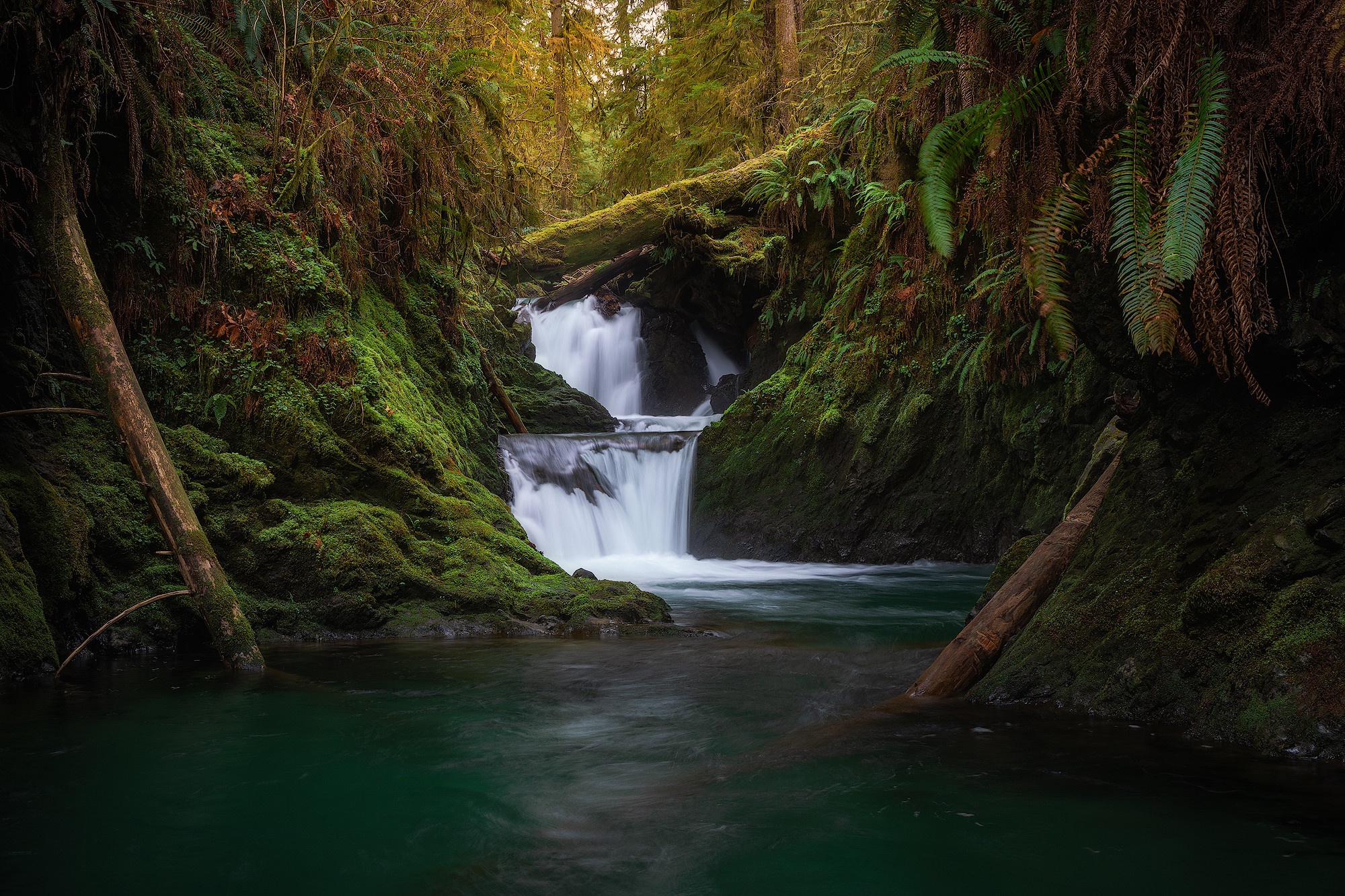 Download mobile wallpaper Nature, Waterfalls, Waterfall, Earth, Moss, River, Greenery for free.