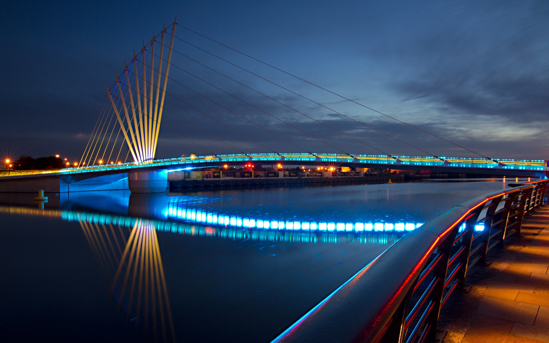 Download mobile wallpaper Bridge, Bridges, Colors, Light, Man Made, Night, Reflection, Sky for free.