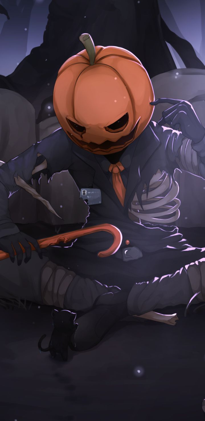 Download mobile wallpaper Anime, Halloween, Skeleton, Original, Pumpkinhead for free.