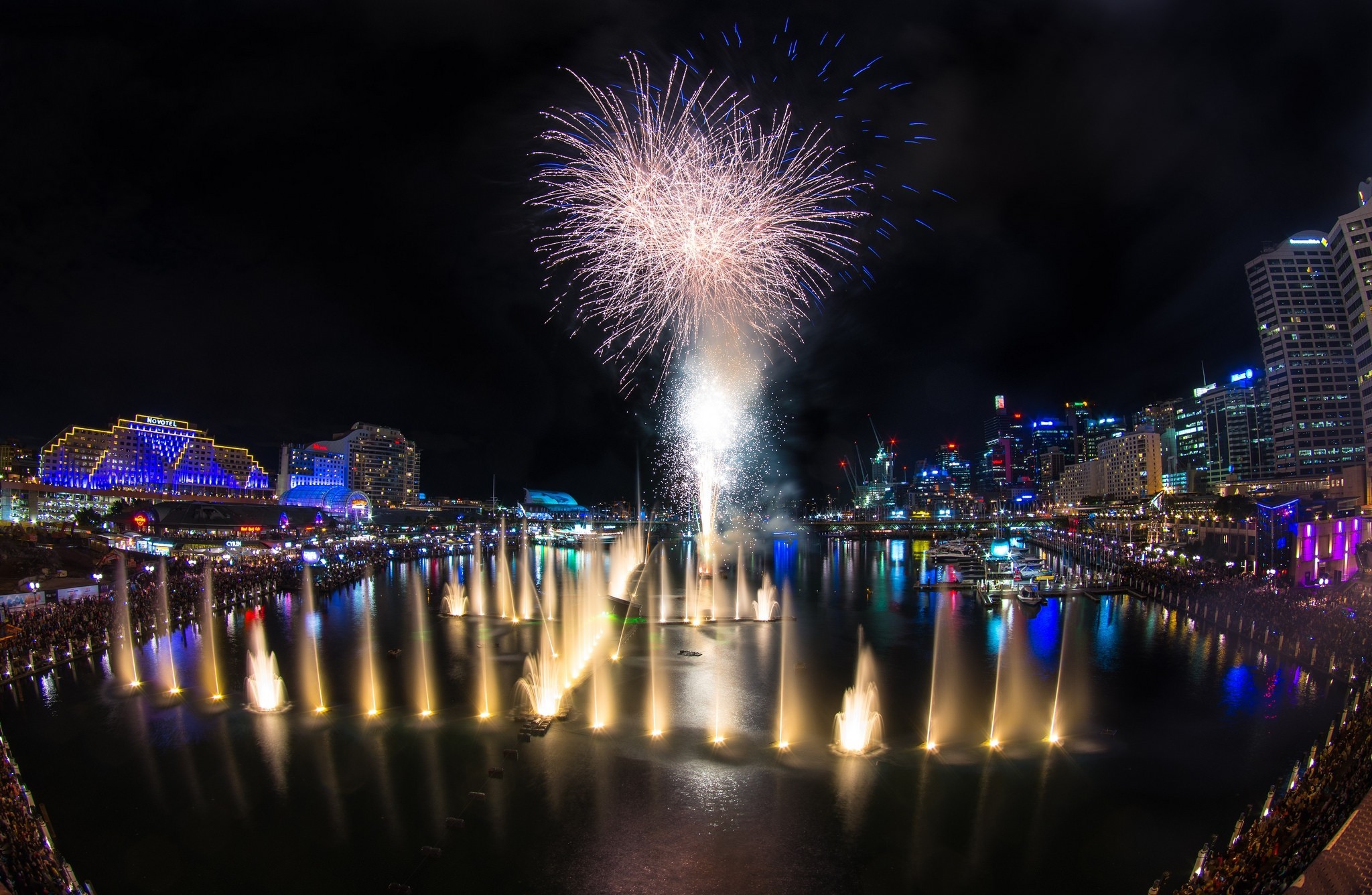 Free download wallpaper Sydney, Fountain, Fireworks, Australia, Man Made, Darling Harbour on your PC desktop