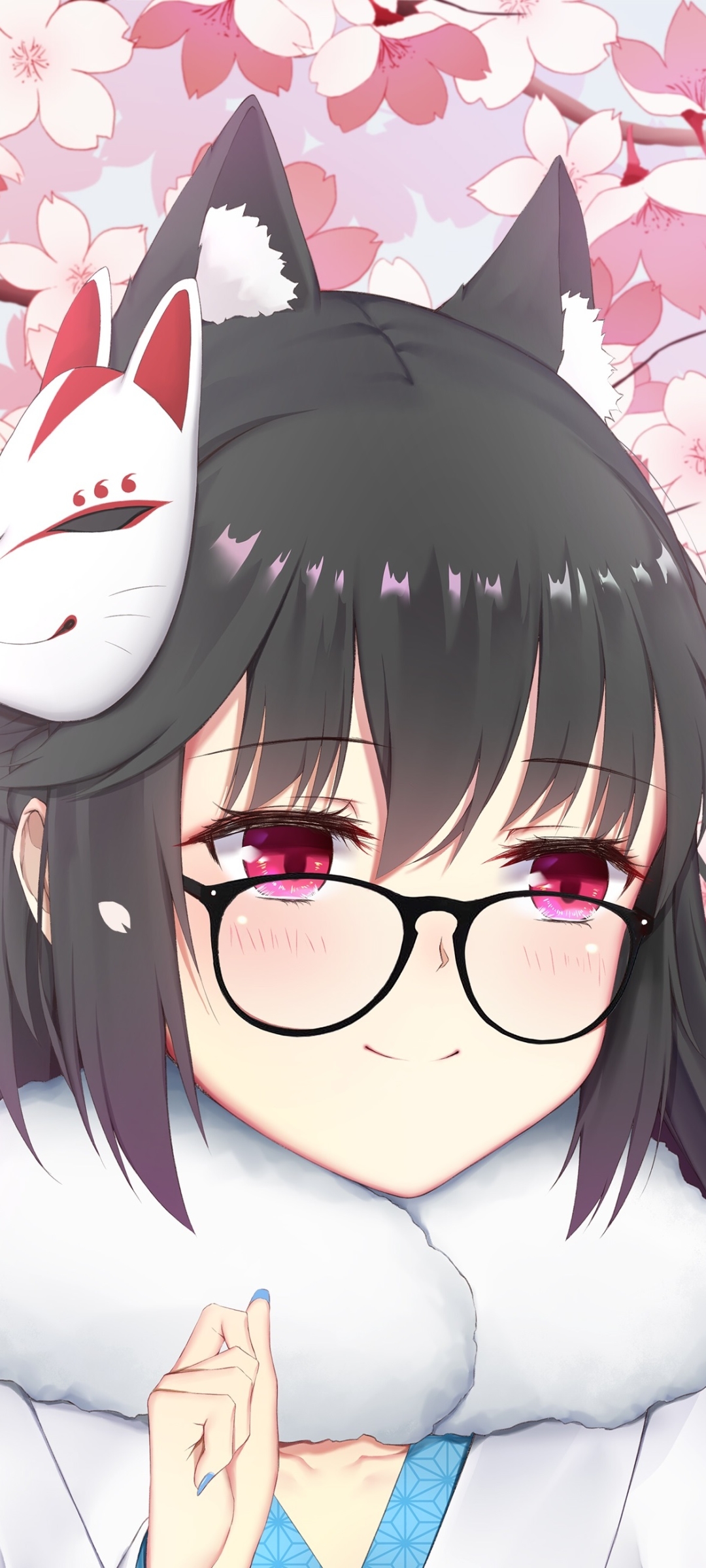 Download mobile wallpaper Anime, Glasses, Cherry Blossom, Original, Black Hair, Pink Eyes for free.