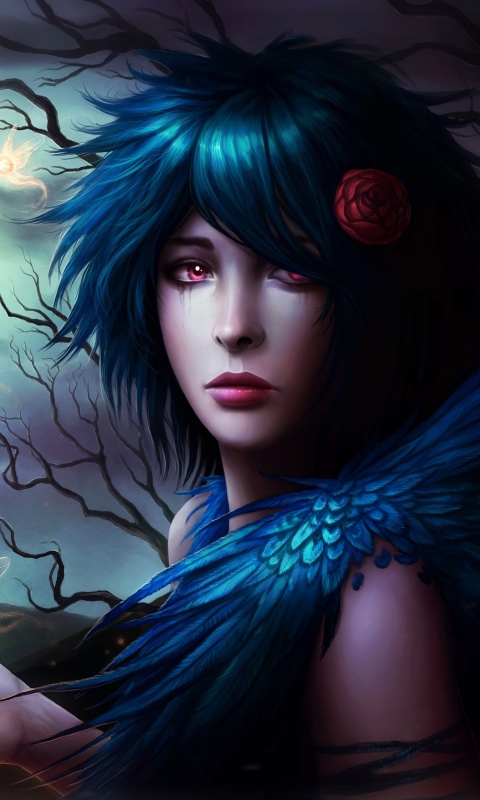 Download mobile wallpaper Fantasy, Gothic, Night, Moon, Flower, Dark, Sad, Fairy, Cross, Blue Hair for free.