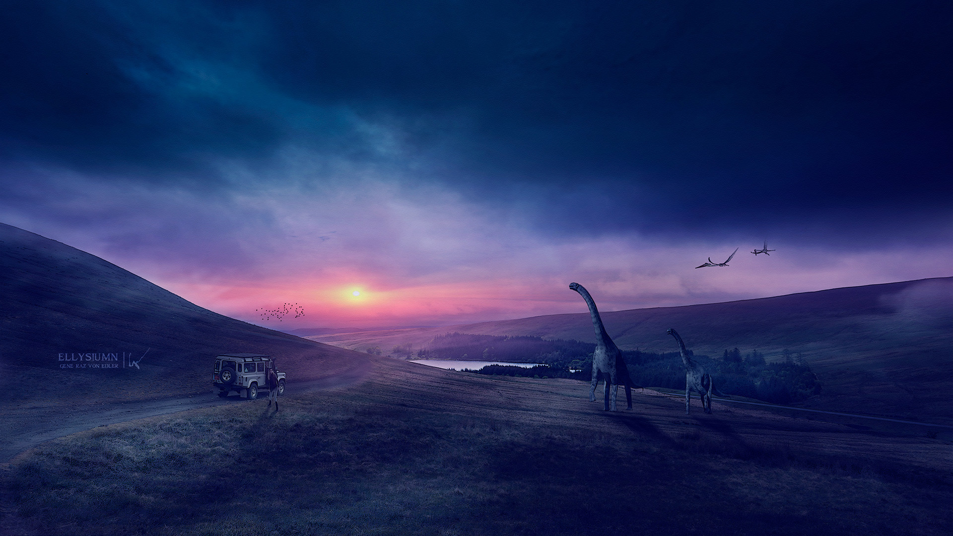 Download mobile wallpaper Landscape, Fantasy, Dinosaur for free.