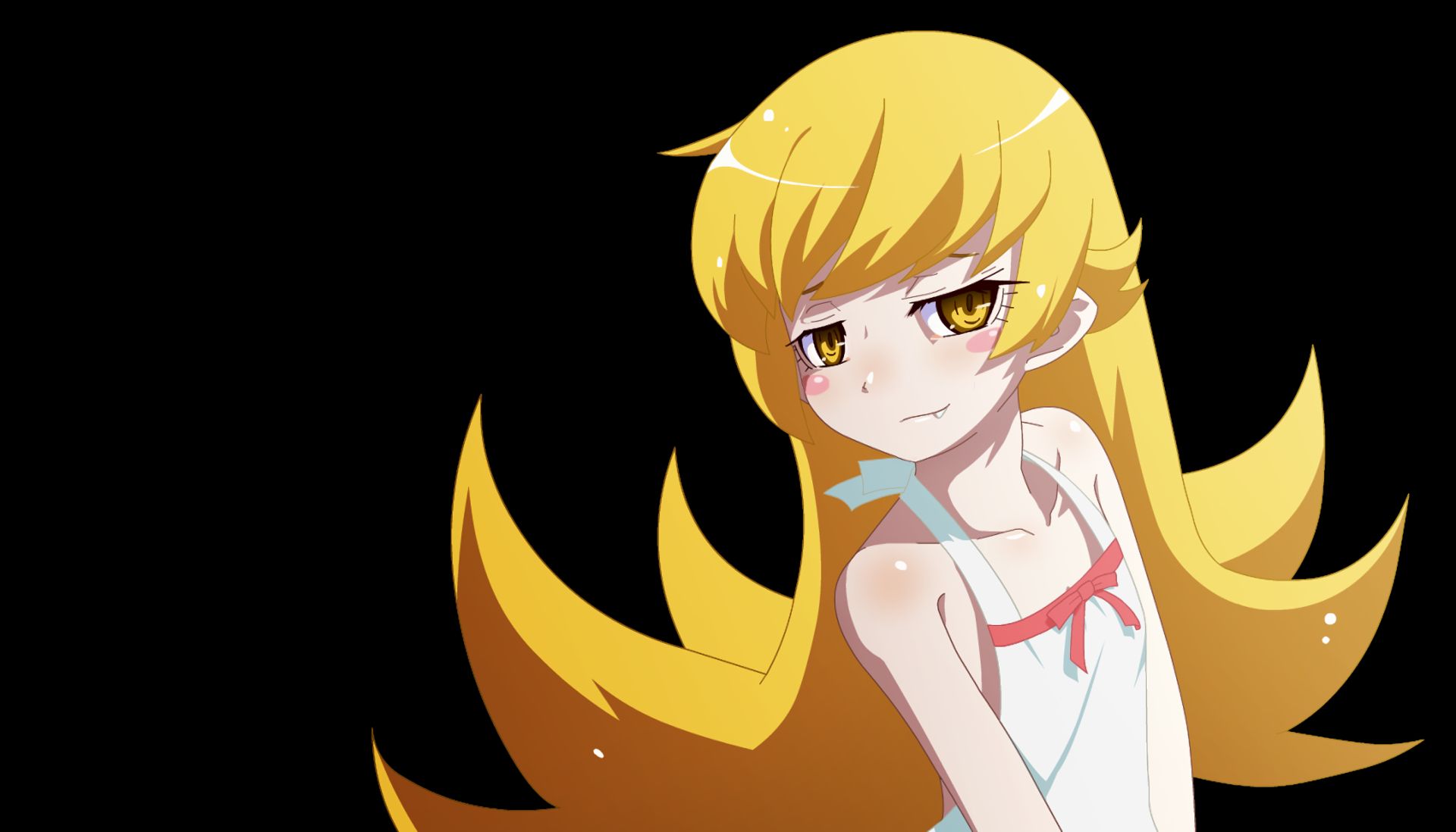 Laden Sie das Gelbe Augen, Blondinen, Animes, Lange Haare, Monogatari (Serie), Shinobu Oshino-Bild kostenlos auf Ihren PC-Desktop herunter