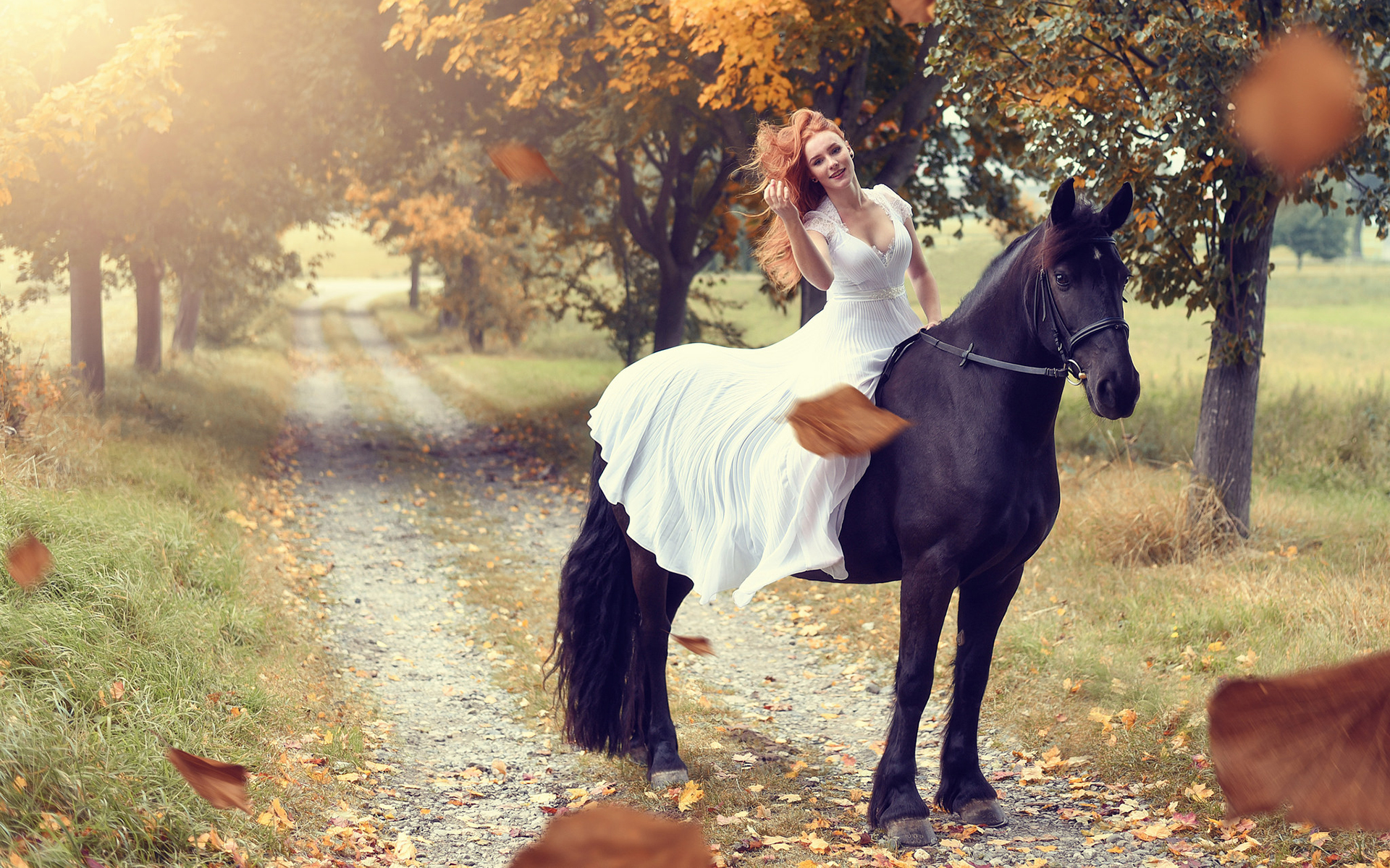 Скачать картинку Осень, Настроение, Лошадь, Женщины в телефон бесплатно.