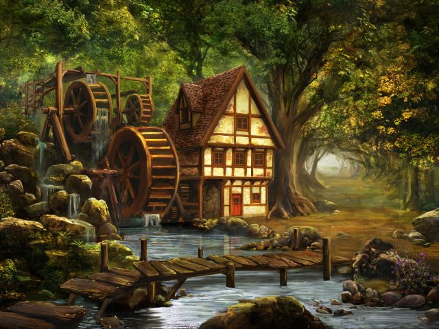 Laden Sie das Brücke, Malerei, Künstlerisch, Wassermühle-Bild kostenlos auf Ihren PC-Desktop herunter