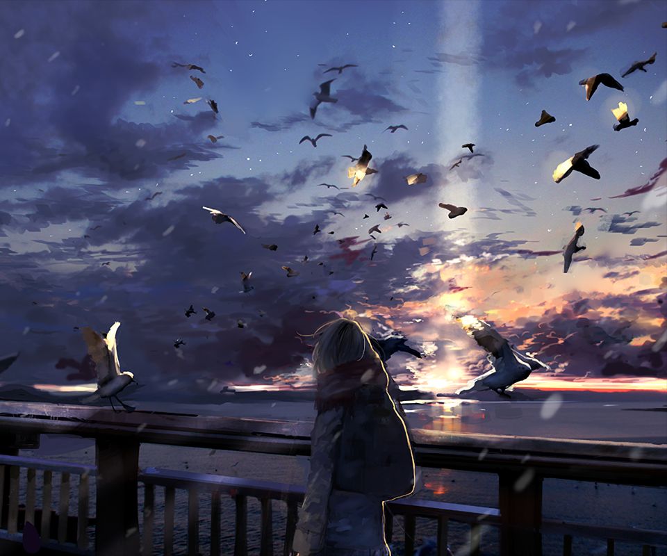 Download mobile wallpaper Anime, Sunset, Sky, Bird, Cloud, Original for free.