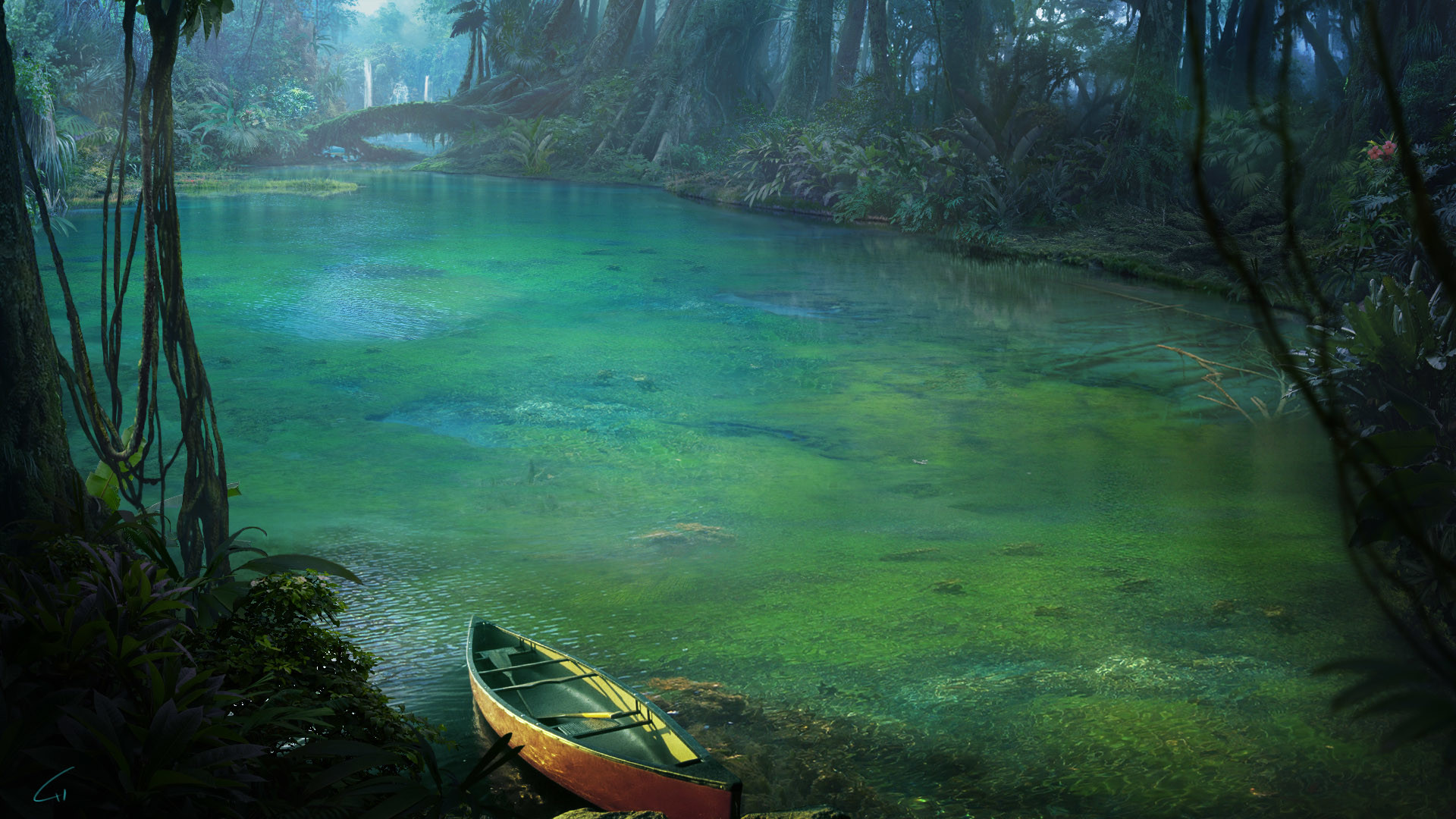 Free download wallpaper Fantasy, Forest, Boat, Jungle, Greenery, Rainforest on your PC desktop