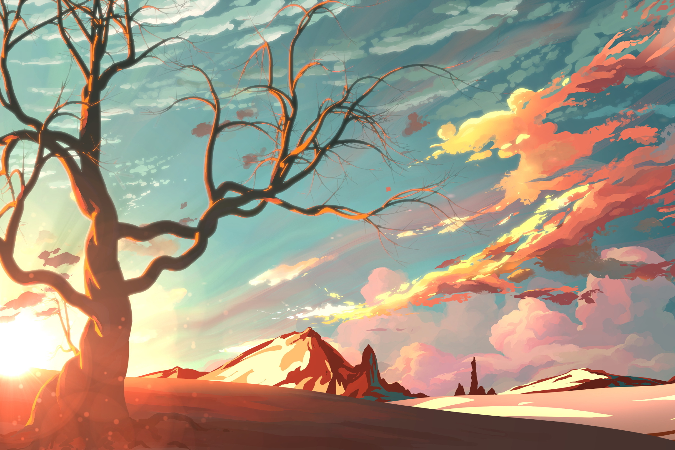 Free download wallpaper Landscape, Sky, Sun, Tree, Sunrise, Artistic on your PC desktop