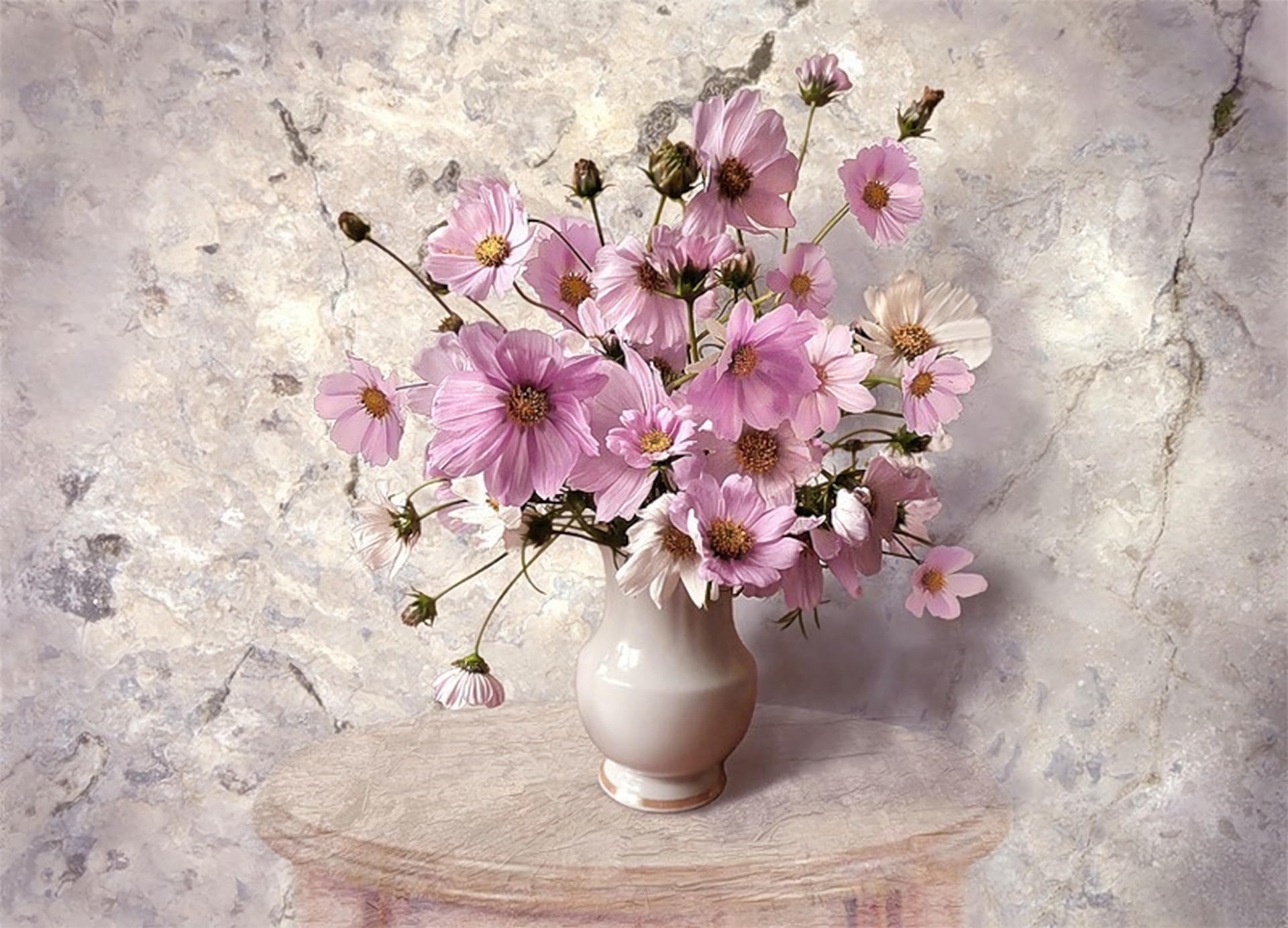 Download mobile wallpaper Still Life, Vase, Painting, Artistic, Cosmos, Pink Flower for free.
