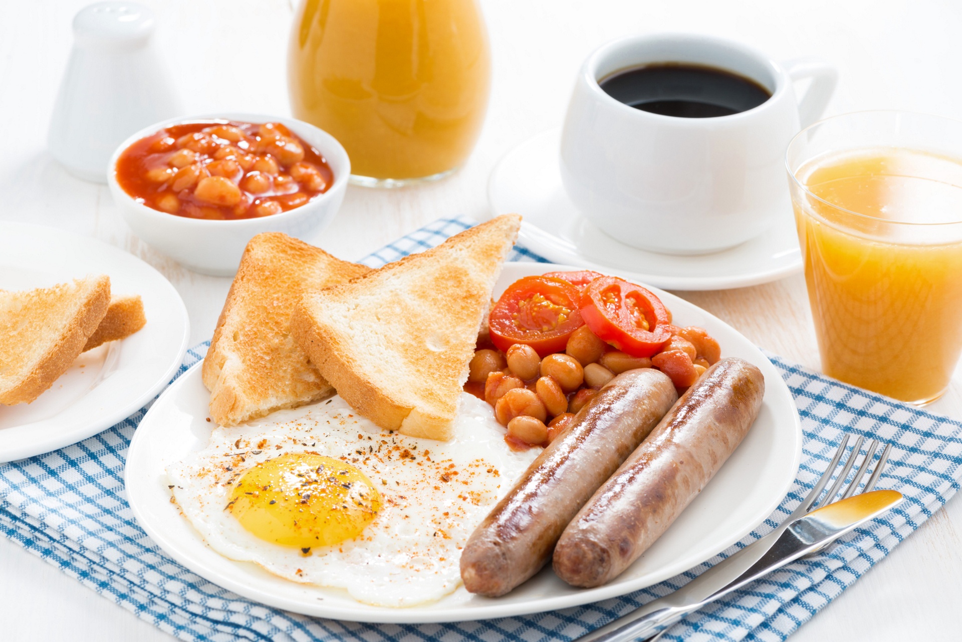 food, breakfast, coffee, cup, egg, jam, juice, sausage, toast