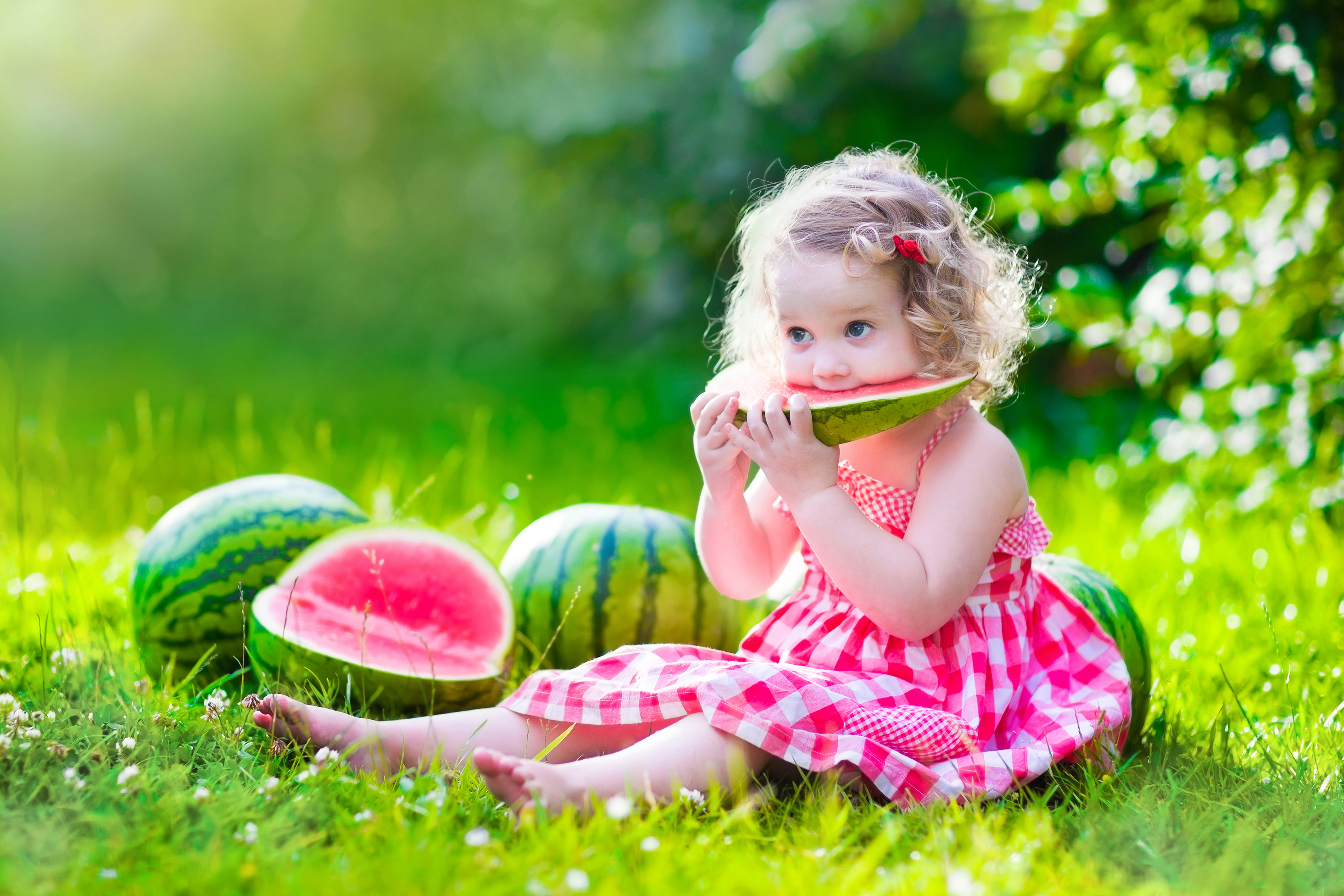 Download mobile wallpaper Grass, Summer, Watermelon, Bokeh, Child, Sunny, Photography, Little Girl for free.