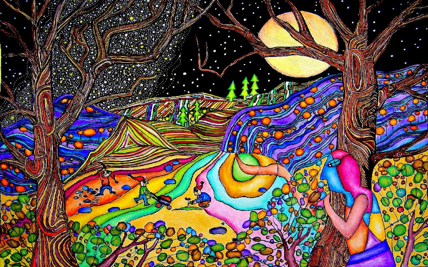 Free download wallpaper Landscape, Moon, Colors, Colorful, Painting, Artistic, Psychedelic on your PC desktop