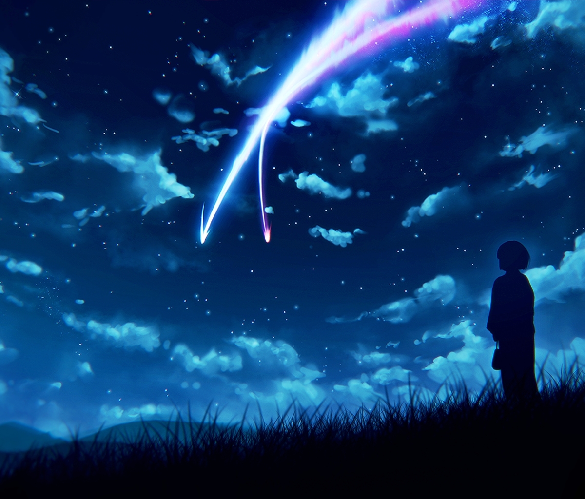 Laden Sie das Silhouette, Wolke, Nacht, Komet, Himmel, Animes, Your Name Gestern Heute Und Für Immer, Kimi No Na Wa, Mitsuha Miyamizu-Bild kostenlos auf Ihren PC-Desktop herunter