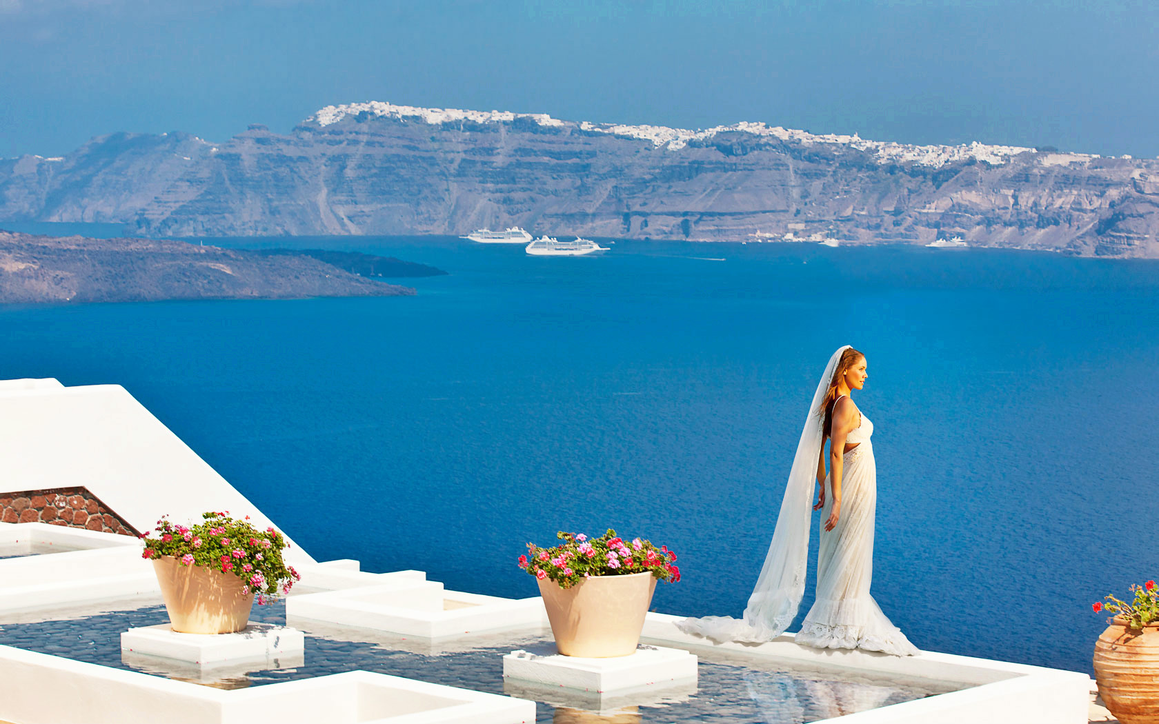 Free download wallpaper Sea, Ocean, Greece, Bride, Model, Women, Santorini on your PC desktop
