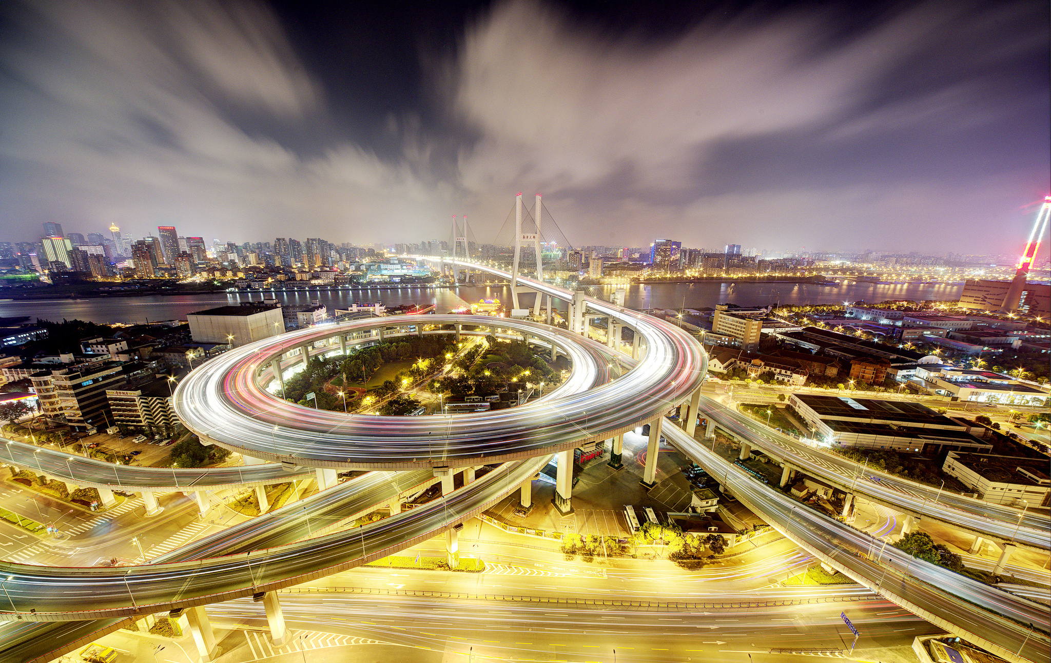 Free download wallpaper Cities, Night, Light, Cityscape, China, Shanghai, Highway, Nanpu Bridge, Man Made, Time Lapse on your PC desktop