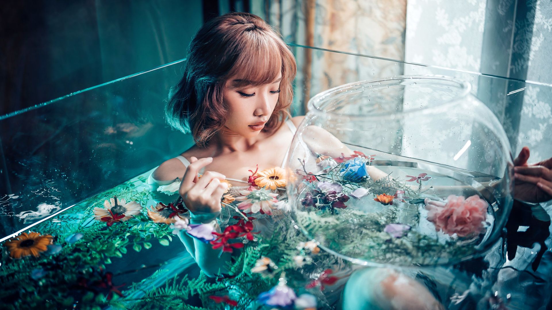 Download mobile wallpaper Water, Flower, Aquarium, Model, Women, Asian for free.
