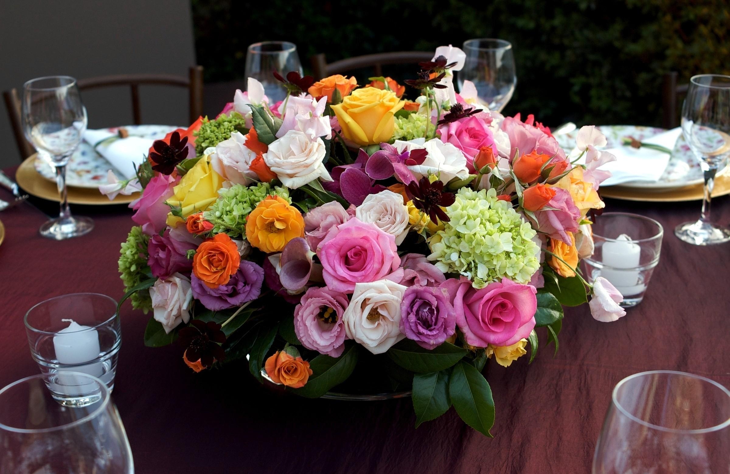 flowers, roses, candles, bouquet, table, composition, hydrangea, serving, lisianthus russell, lisiantus russell
