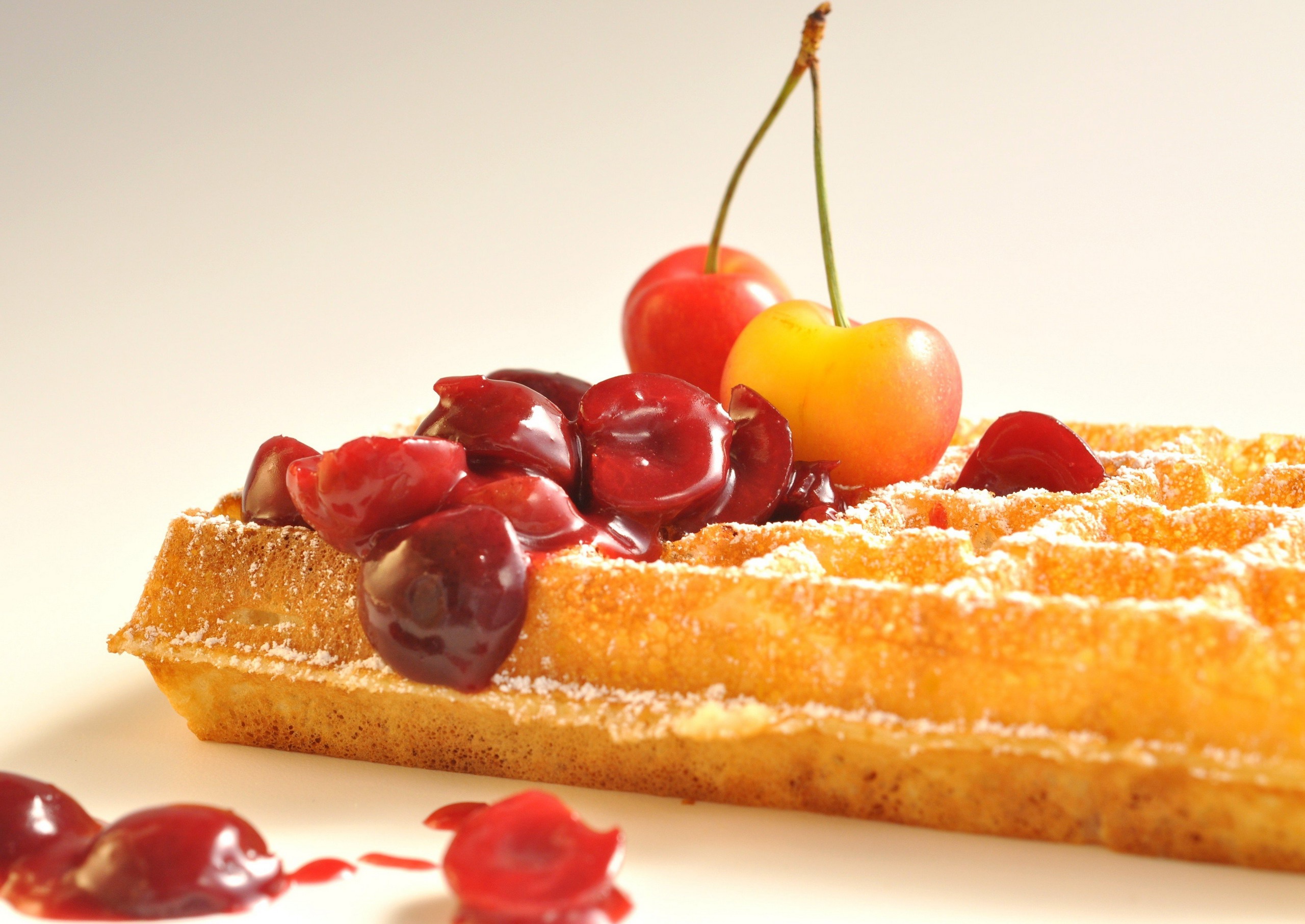Download mobile wallpaper Food, Cherry, Fruit, Waffle, Breakfast for free.