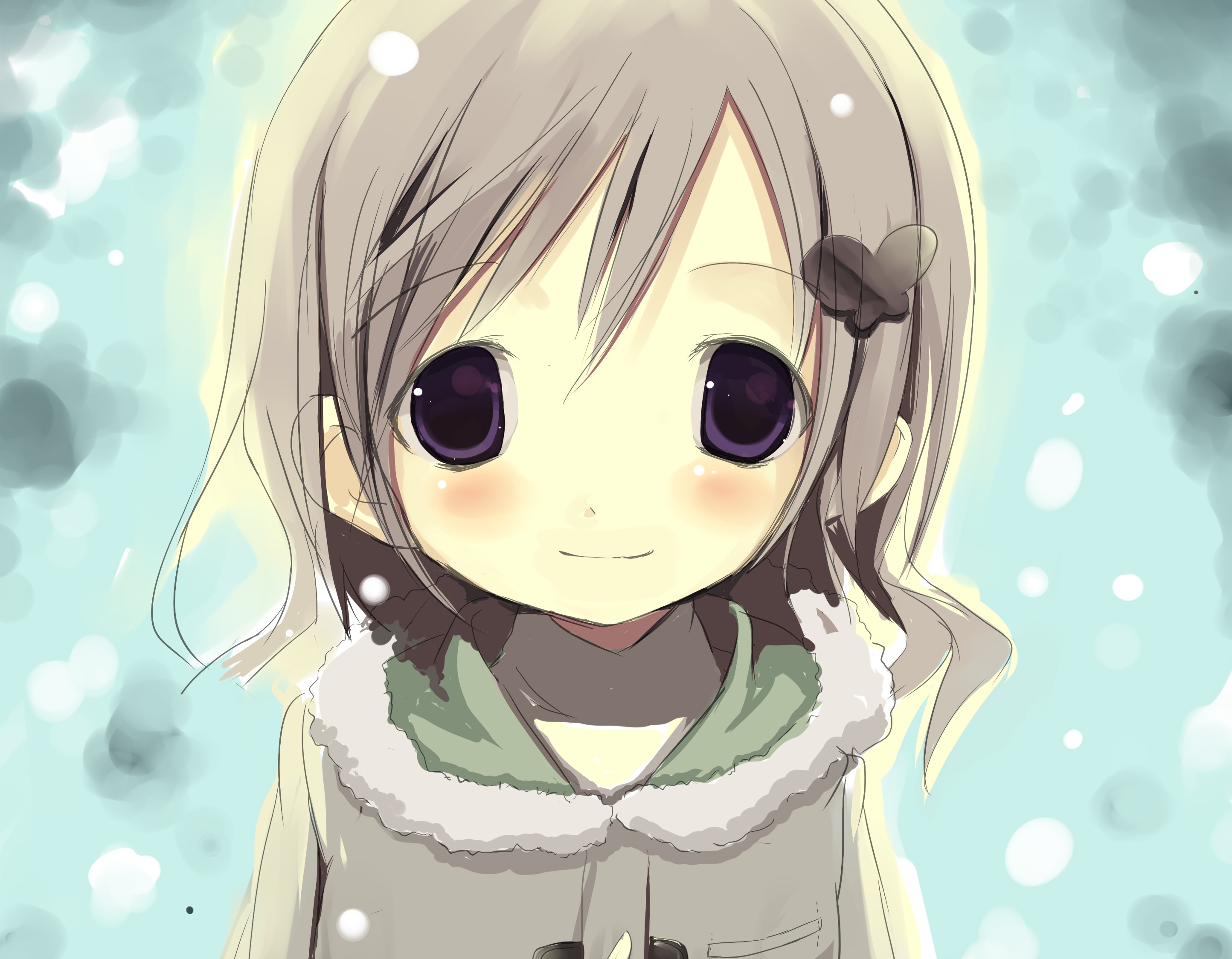 Download mobile wallpaper Anime, Snow, Smile, Coat, Original, Blush, Short Hair, Purple Eyes, Grey Hair for free.