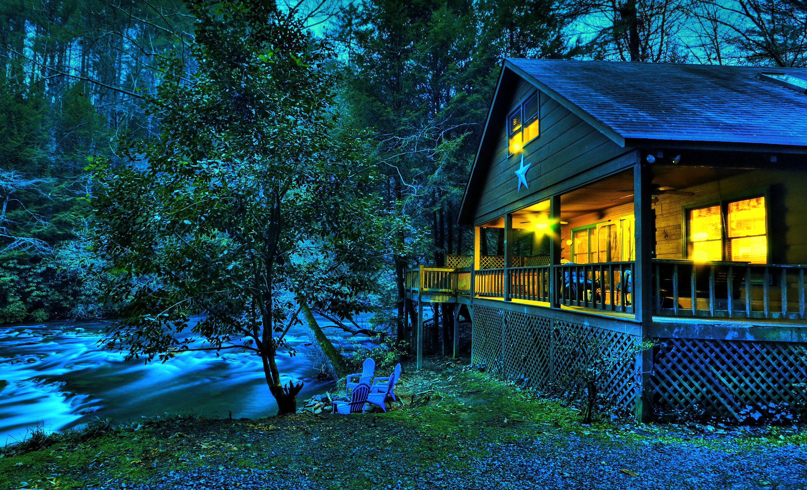 hdr, man made, house, dusk, light, porch, river, tree