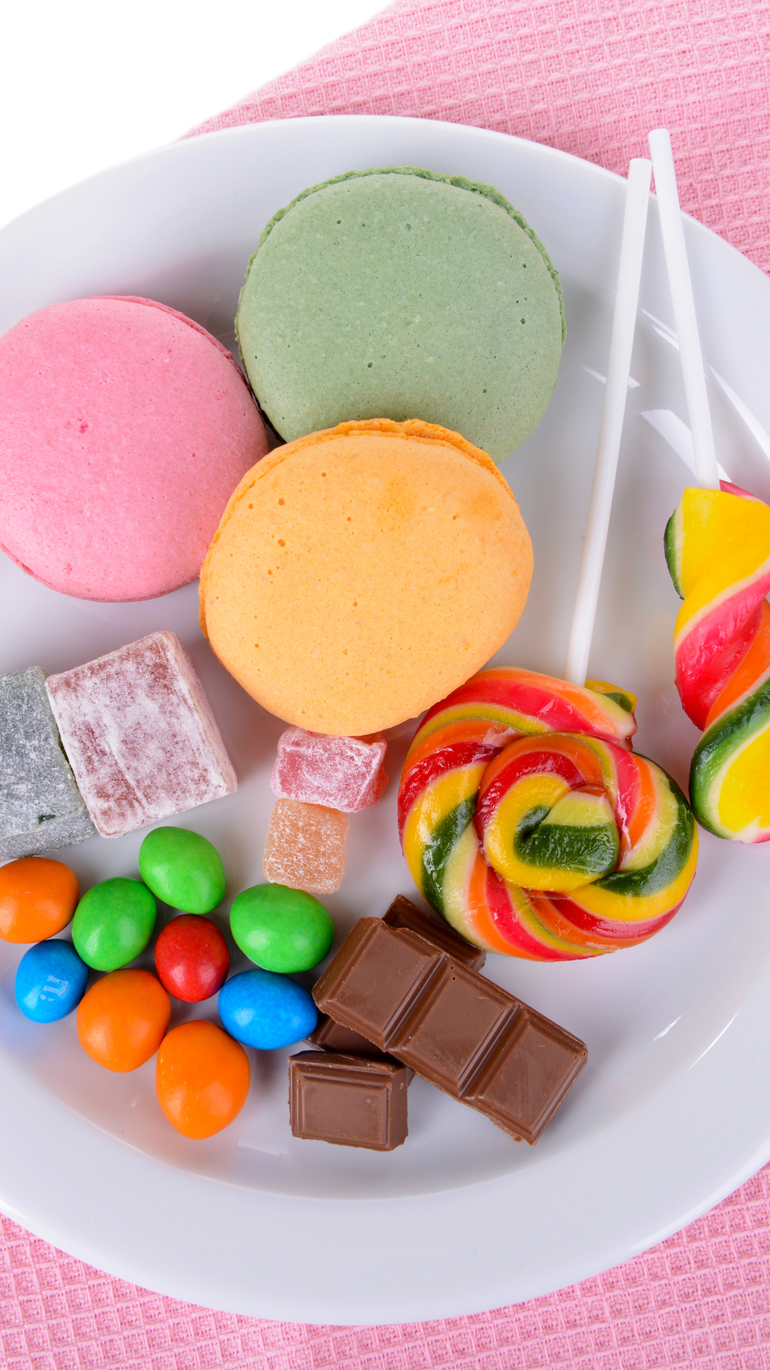 Download mobile wallpaper Food, Chocolate, Colorful, Sweets, Lollipop, Candy, Macaron for free.